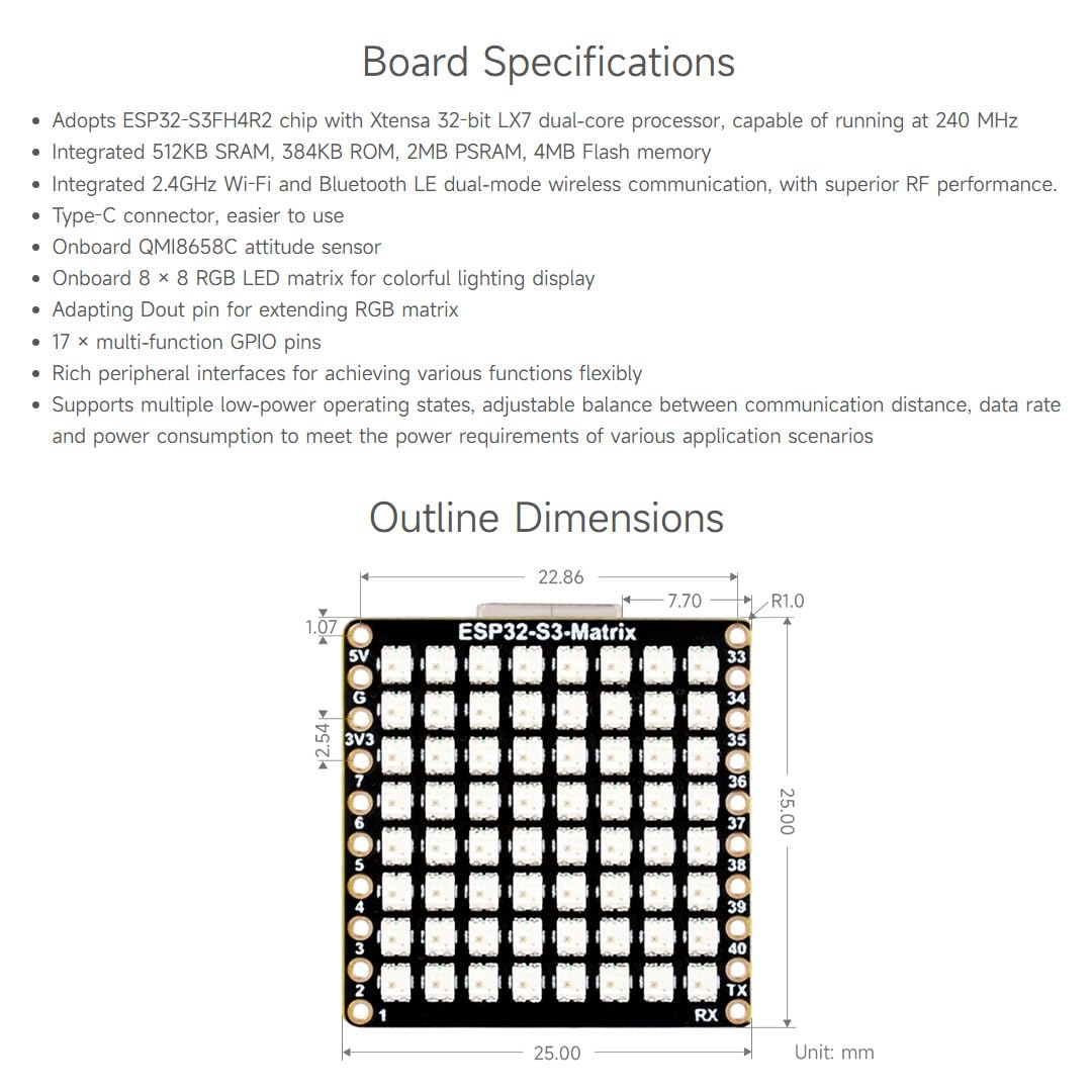 Waveshare Esp32 S3 Matrix Development Board, Onboard 8  8 Rgb Led Matrix And Qmi8658C Attitude Sensor, Supports Wi Fi And Blueto
