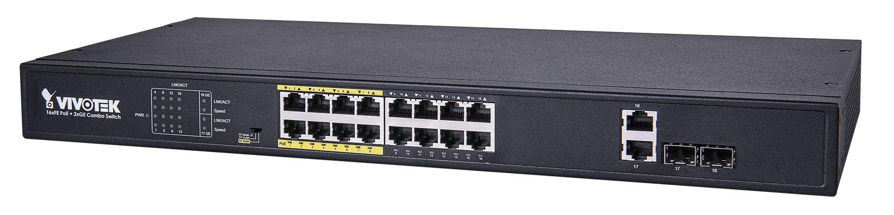 Vivotek SWT AWFGT180D250 Unmanaged PoE Switch 16xFE POE + 2G COMBO 250W