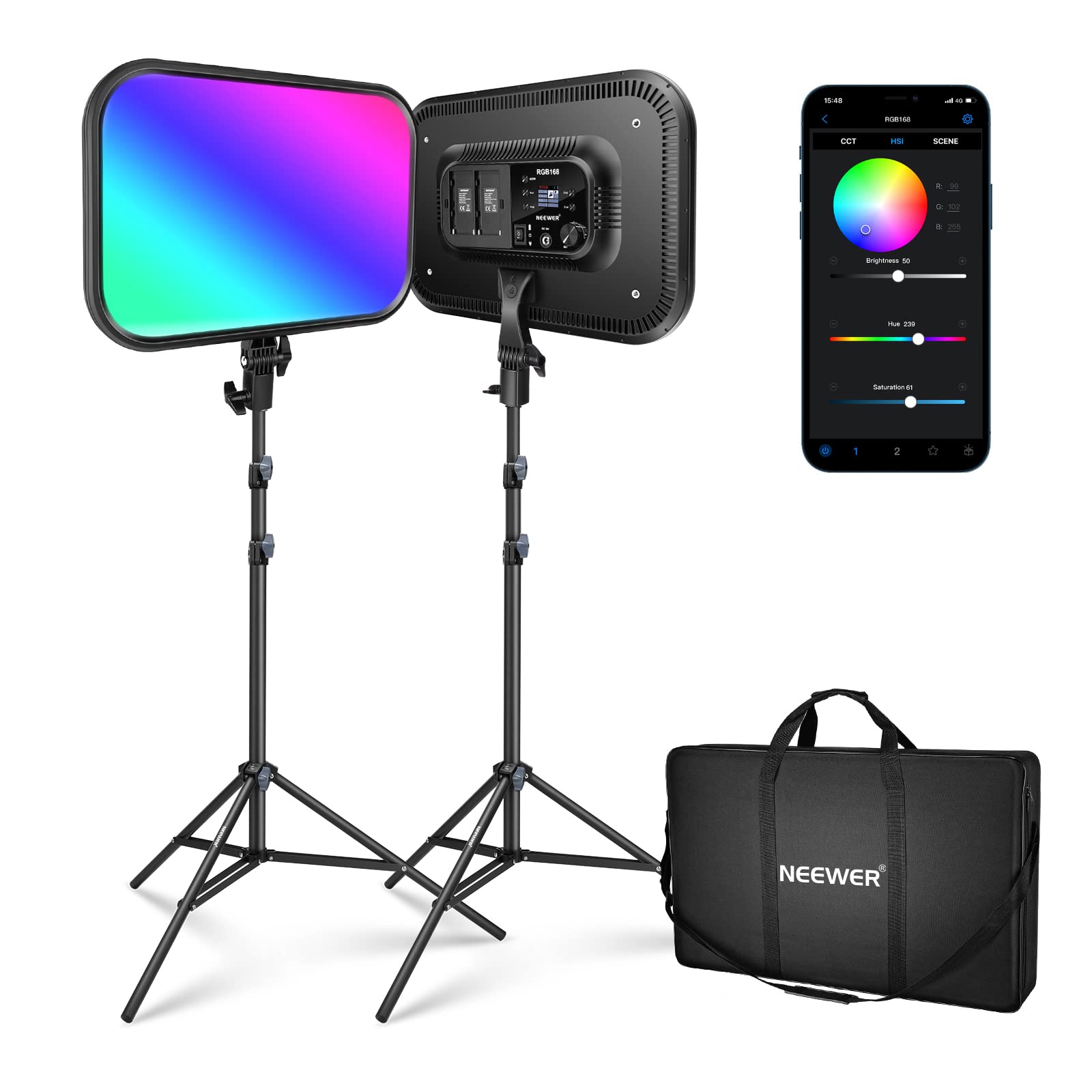 Neewer 18.3'' Rgb Led Video Panel Light With App Control, 2 Pack Stand Kit, 360 Full Color/2500K~8500K/Cri97+/17 Scene Effects,