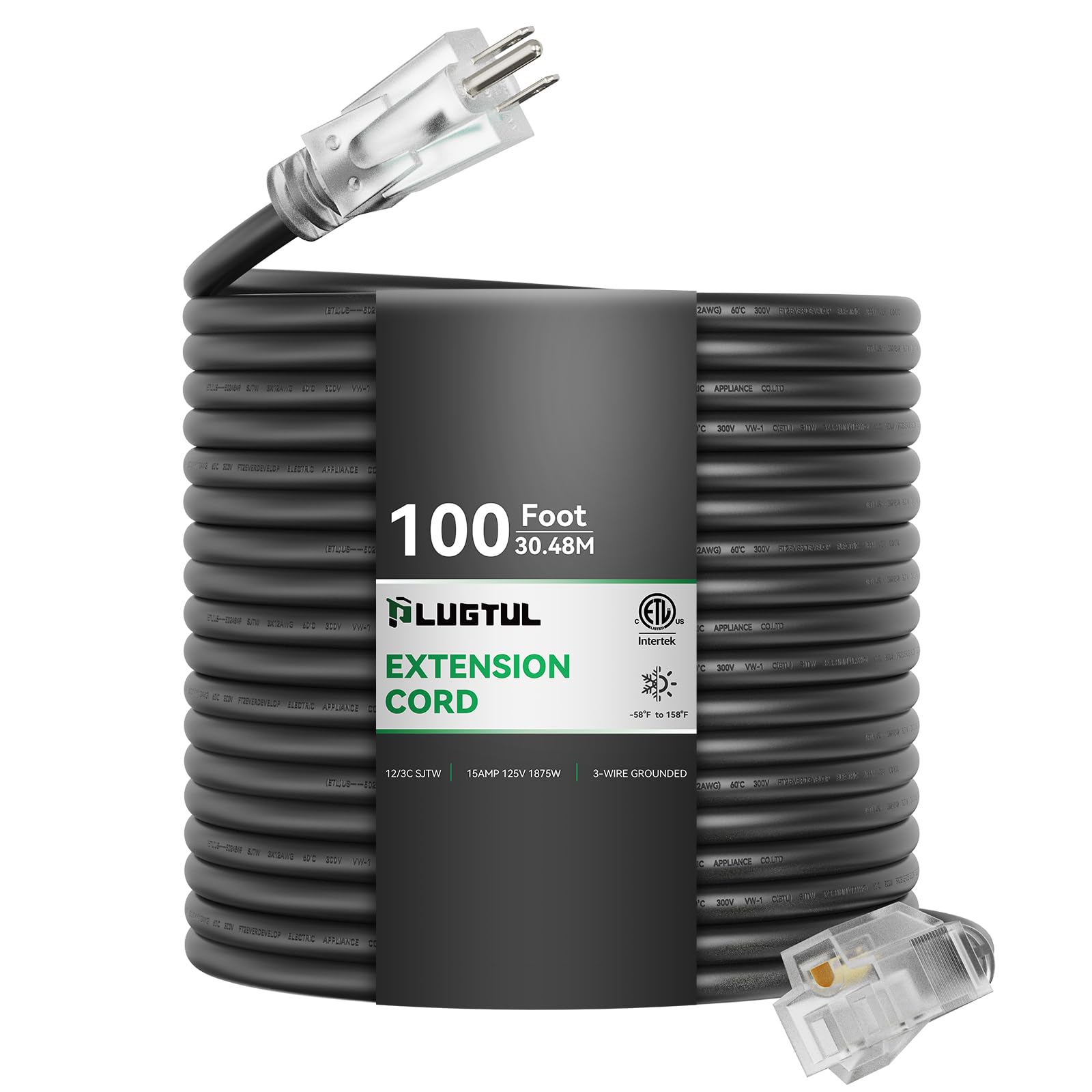 Plugtul Outdoor Extension Cord 100Ft, 12 Gauge Extension Cord With Lighted End, Heavy Duty,15A 1875W Sjtw, Etl Listed, Great For