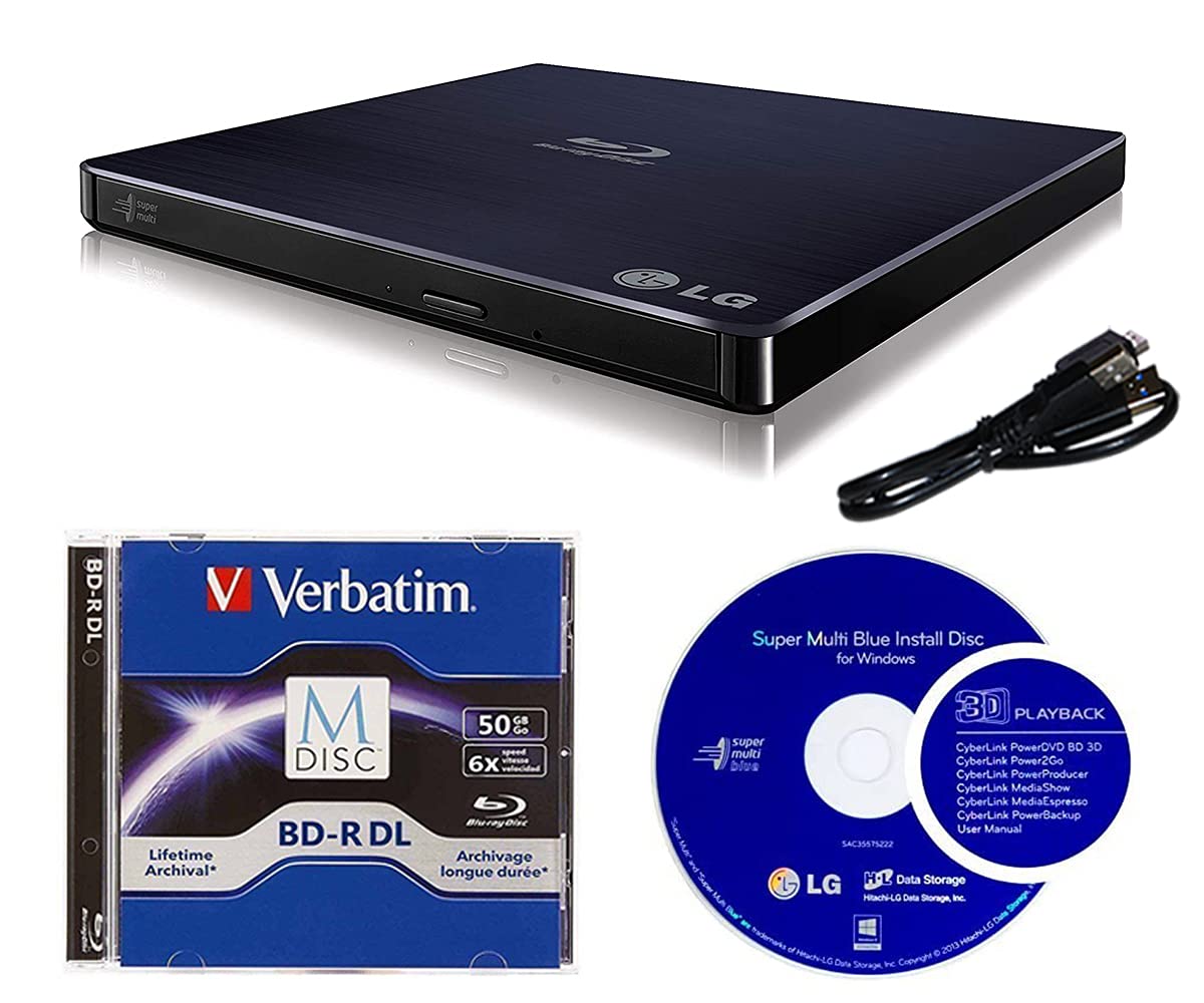Lg 6X Wp50Nb40 External Portable Blu Ray Burner In Retail Box Bundle With 50Gb Verbatim M Disc Bd R Dl And Cyberlink Burning Sof