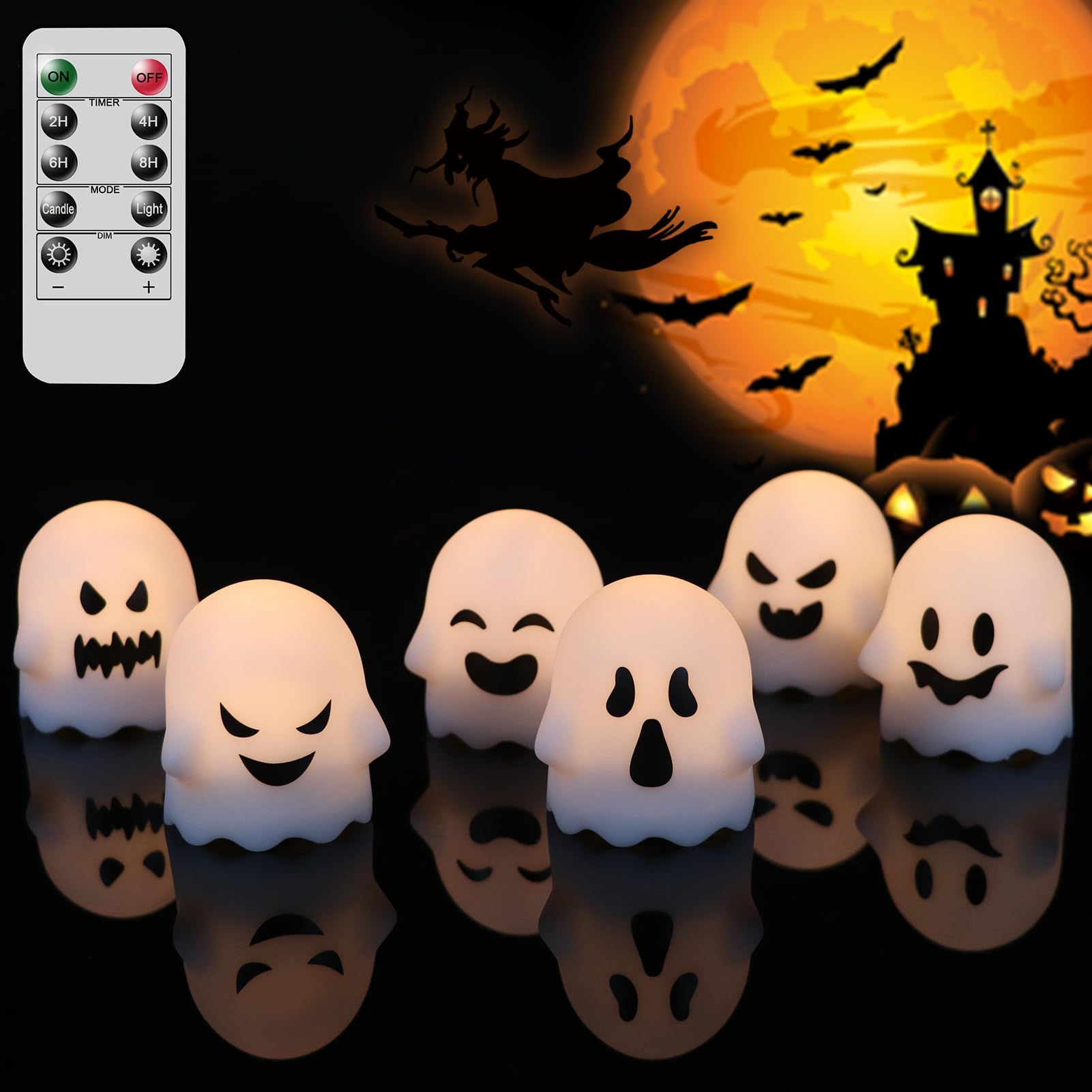 Lasumora Ghost Halloween Decorations Flameless Candles With Remote Timer, 6 Pack Grimace Ghost Candles, Battery Operated White L