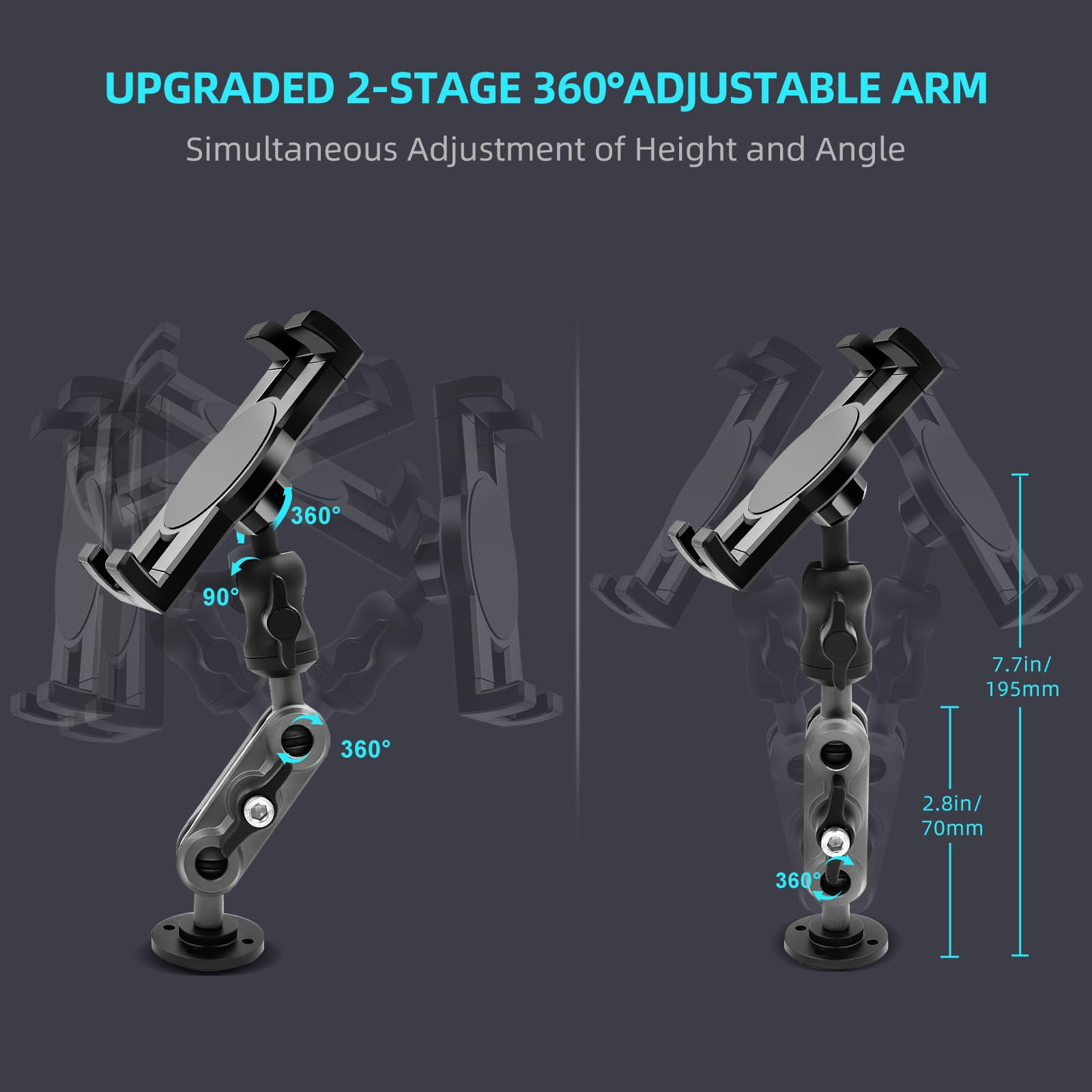 Aluminum Heavy Duty Drill Base Tablet Holder Car Mount Dashboard, 360 Adjustable 2 Stage Stand For 4.7 12.9'' Ipad Pro/Air/Mini/