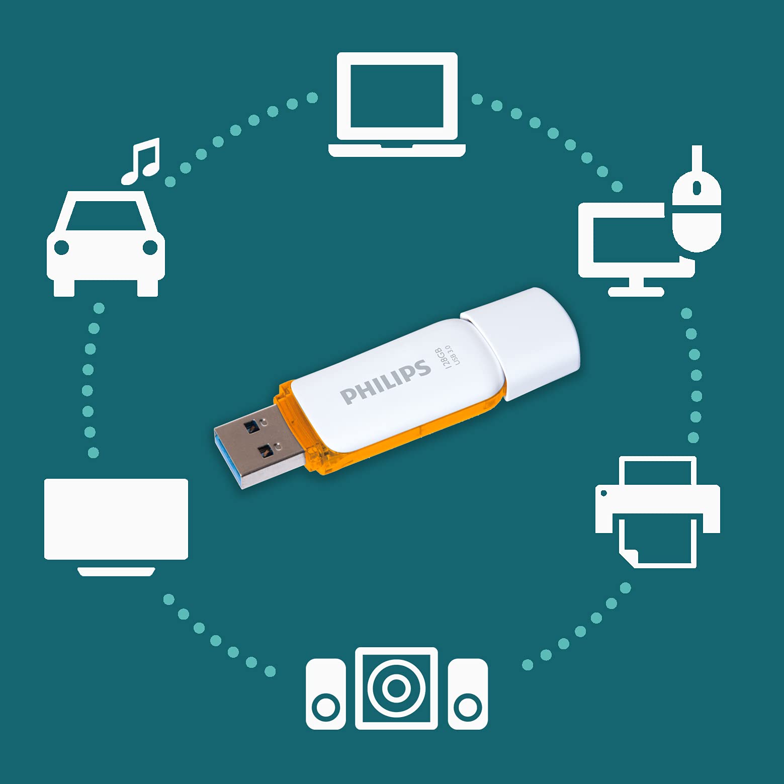 Philips High Speed 128 Gb Flash Drive, Snow Edition Usb 3.0   White/Orange, 100Mb/S