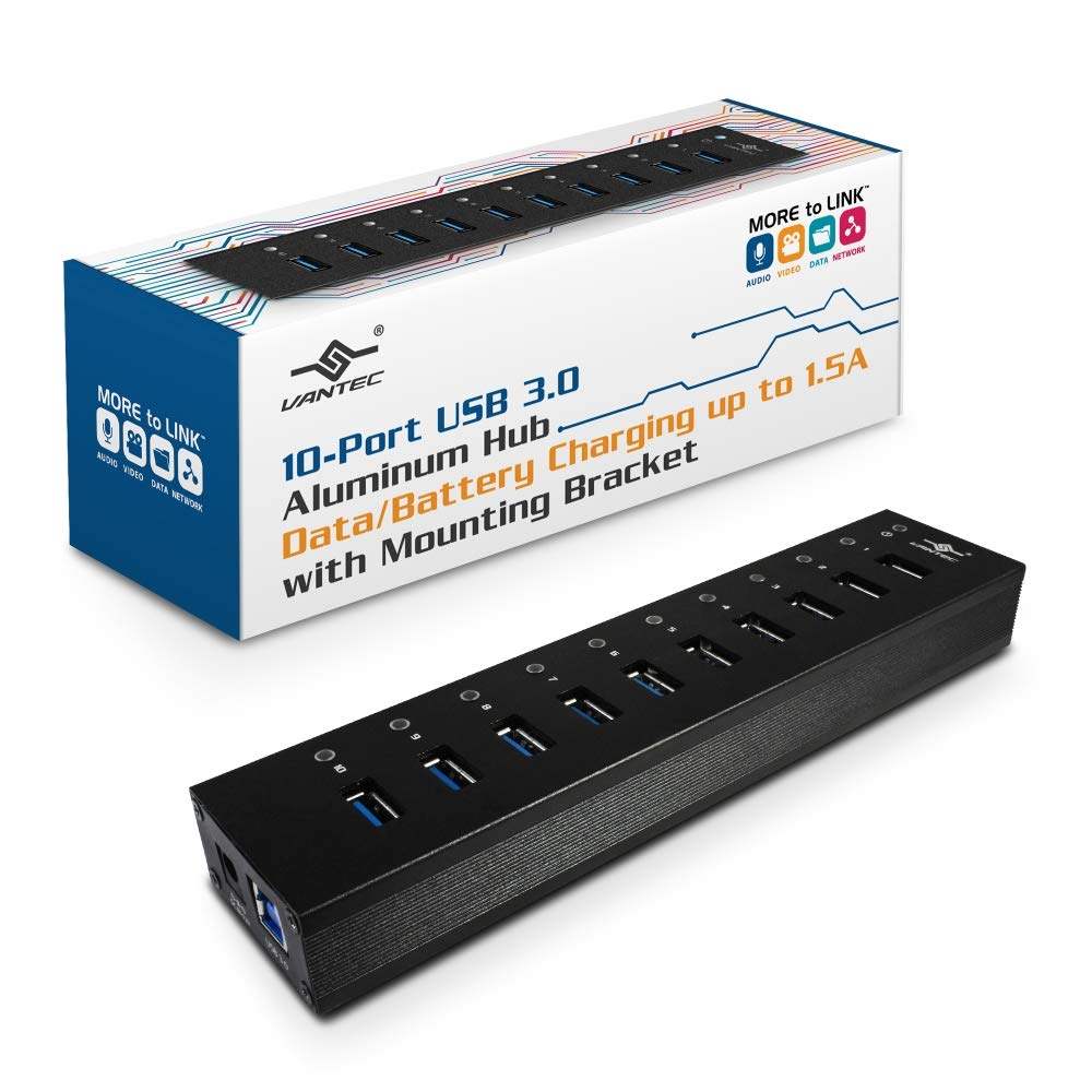 Vantec 10-Port USB 3.0 Hub, Aluminum, Full Powered, Mountable, with All Ports Data & Charging Up to 1.5A, BC 1.2, Premium 12V/5A