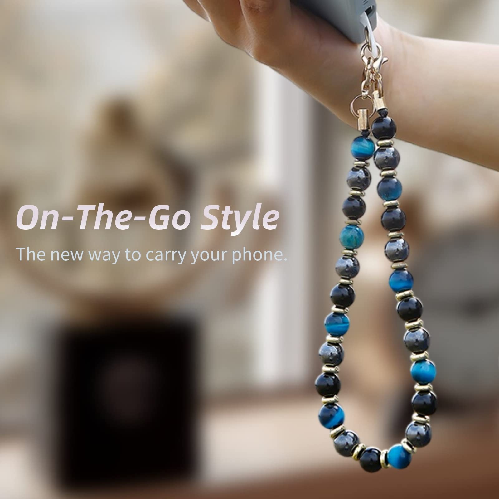 Lostars Marble Beaded Iphone Wrist Strap,Detachable Phone Bracelet Strap With Tether Tab,Hands Free Phone Wristlet Strap (Blue T