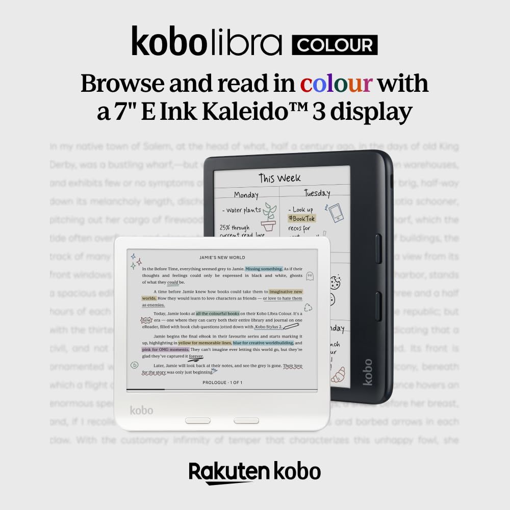 Kobo Libra Colour | Ereader | 7    Glare-Free Colour E Ink Kaleido 3 Display | Dark Mode Option | Audiobooks | Waterproof | Whit