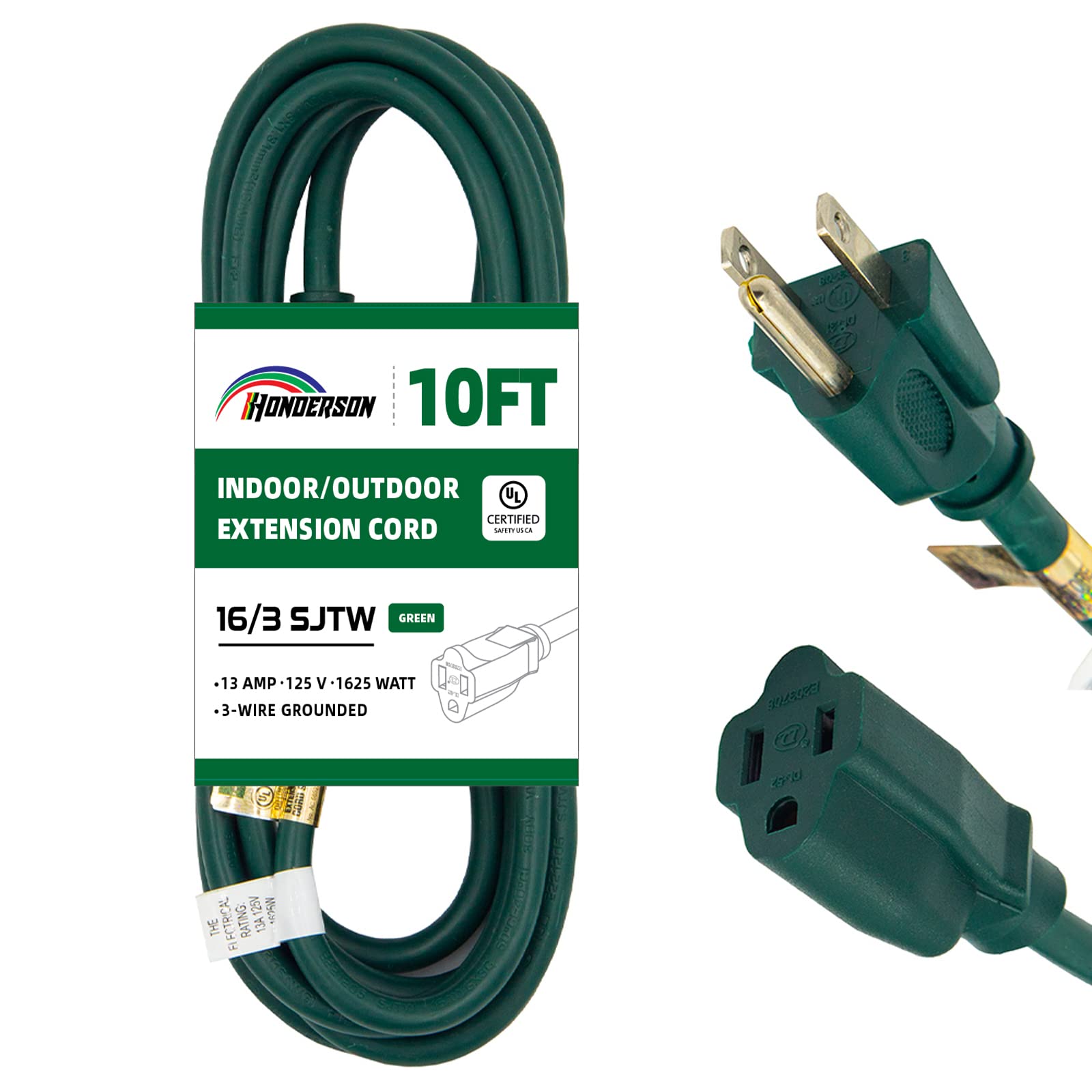 Honderson 10Ft Outdoor Extension Cord 16/3 Sjtw Durable Green Extension Cord For Christmas Lights With 3 Prong Grounded Plug For