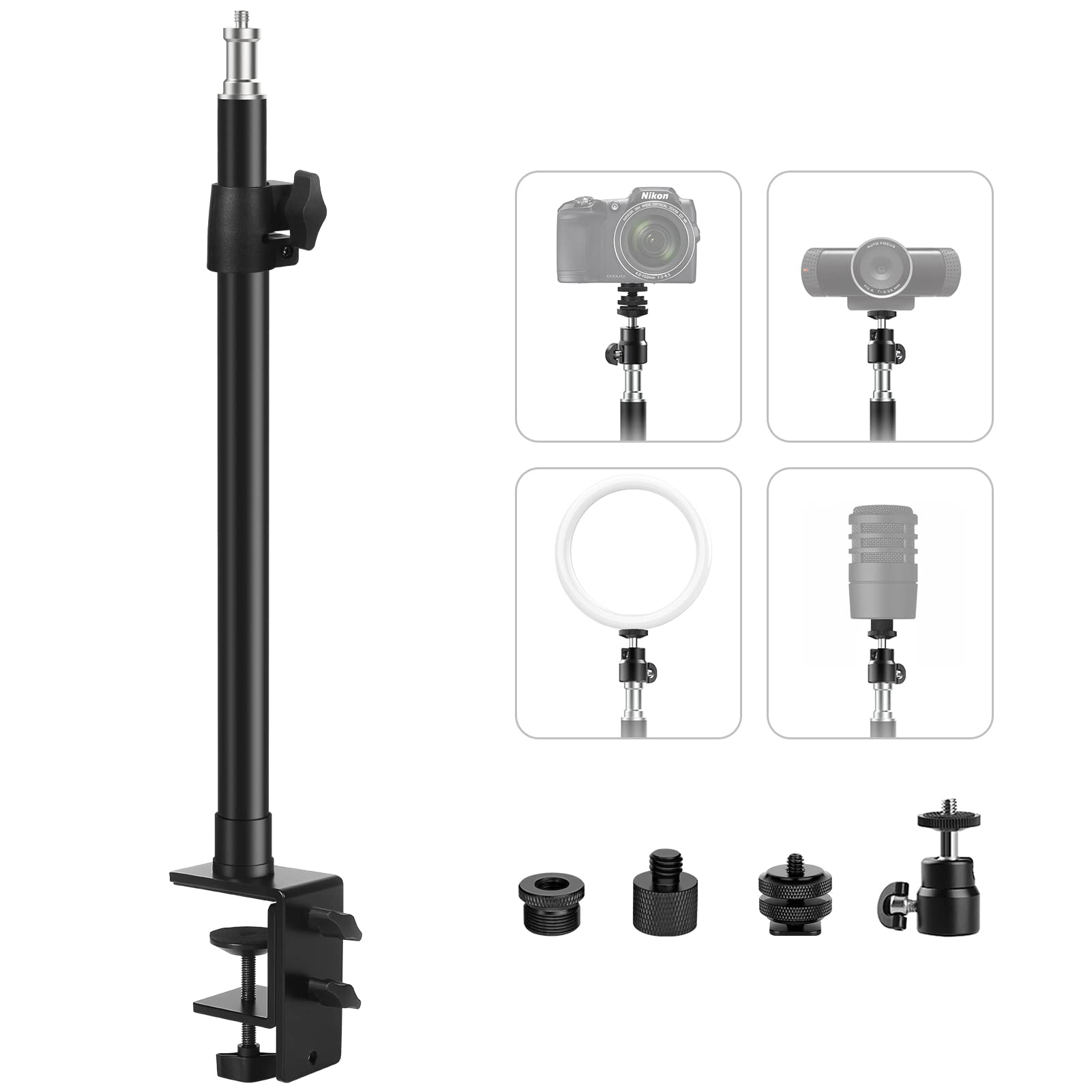 Tinpops Camera Desk Mount Stand, 15.5 21.5'' Adjustable Desktop C Clamp Mounting Stand, Aluminum Tabletop Light Stand With 1/4''