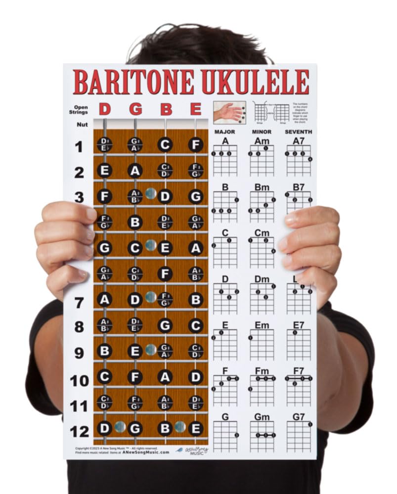 Laminated Baritone Ukulele Fretboard Notes & Easy Beginner Chord Chart 11''X17'' Instructional Poster For Bari Uke By A New Song