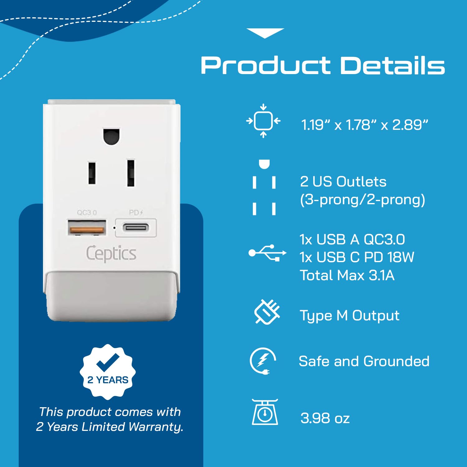 Ceptics South Africa Power Plug Adapter Travel Qc 3.0 & Pd, Safe Dual Usb & Usb-C - 2 Usa Socket Compact & Powerful - Use In S.