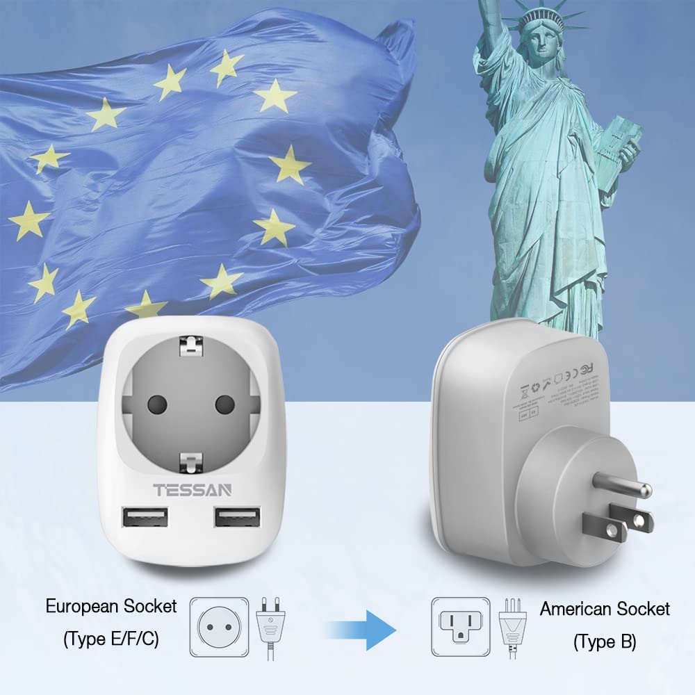 Tessan Europe To Us Plug Adapter With Ac Outlet And 2 Usb Ports, Eu To Us Plug Adapter, European To Us Travel Converter, Most Of