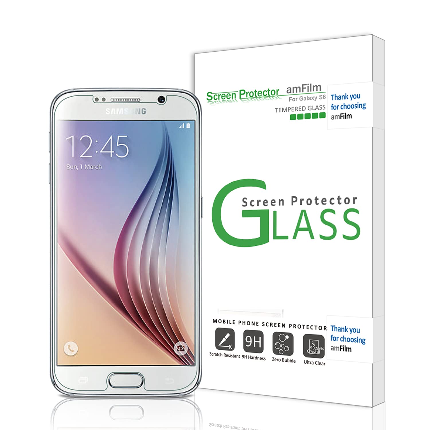 amFilm Glass Screen Protector For Galaxy S6, Tempered Glass, with complimentary PET Back Film