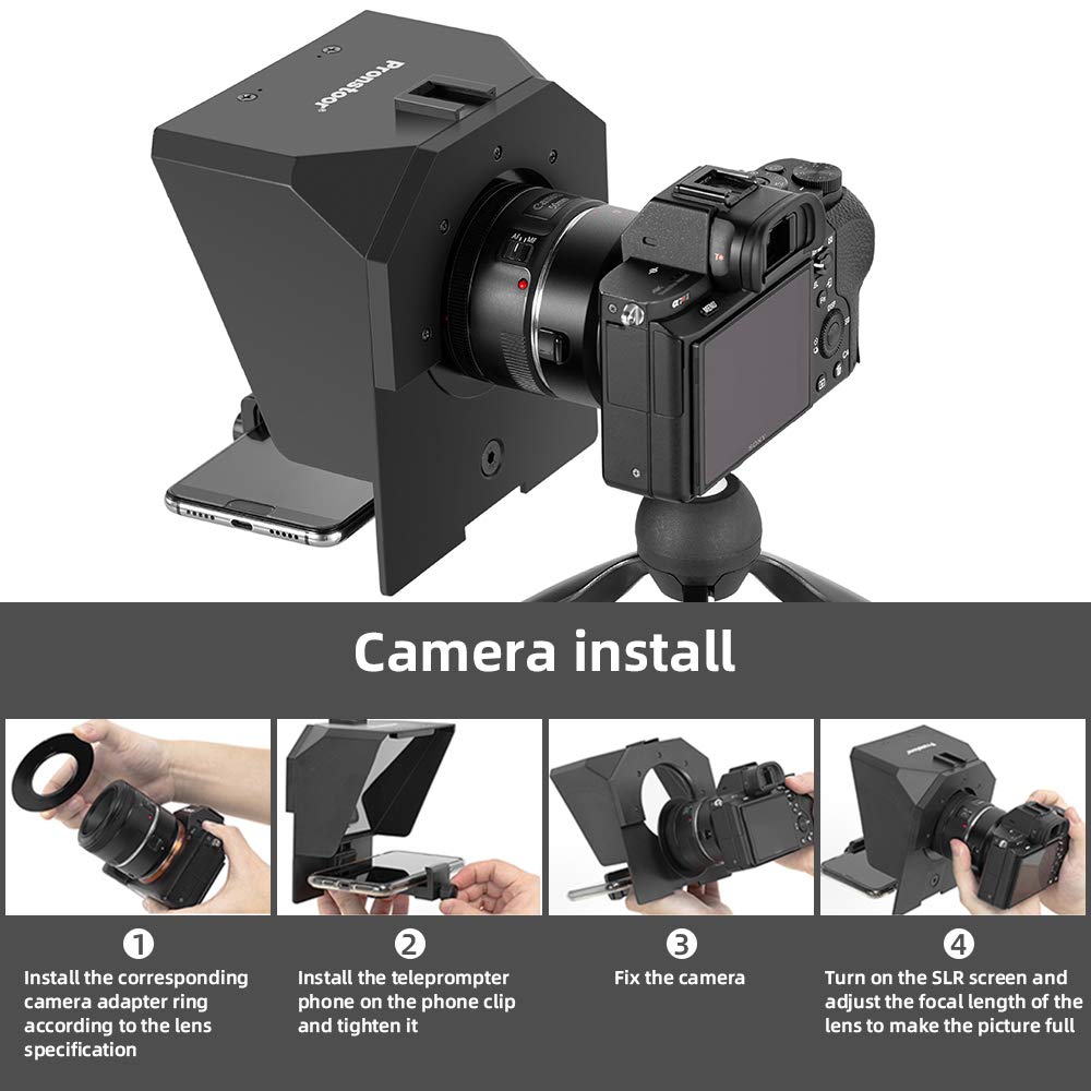 Ambitful Teleprompter 7.5'' With Tabletop Tripod For Smartphone And Dslr Camera, Adjustable Phone Clip & Camera Adapting Ring, F