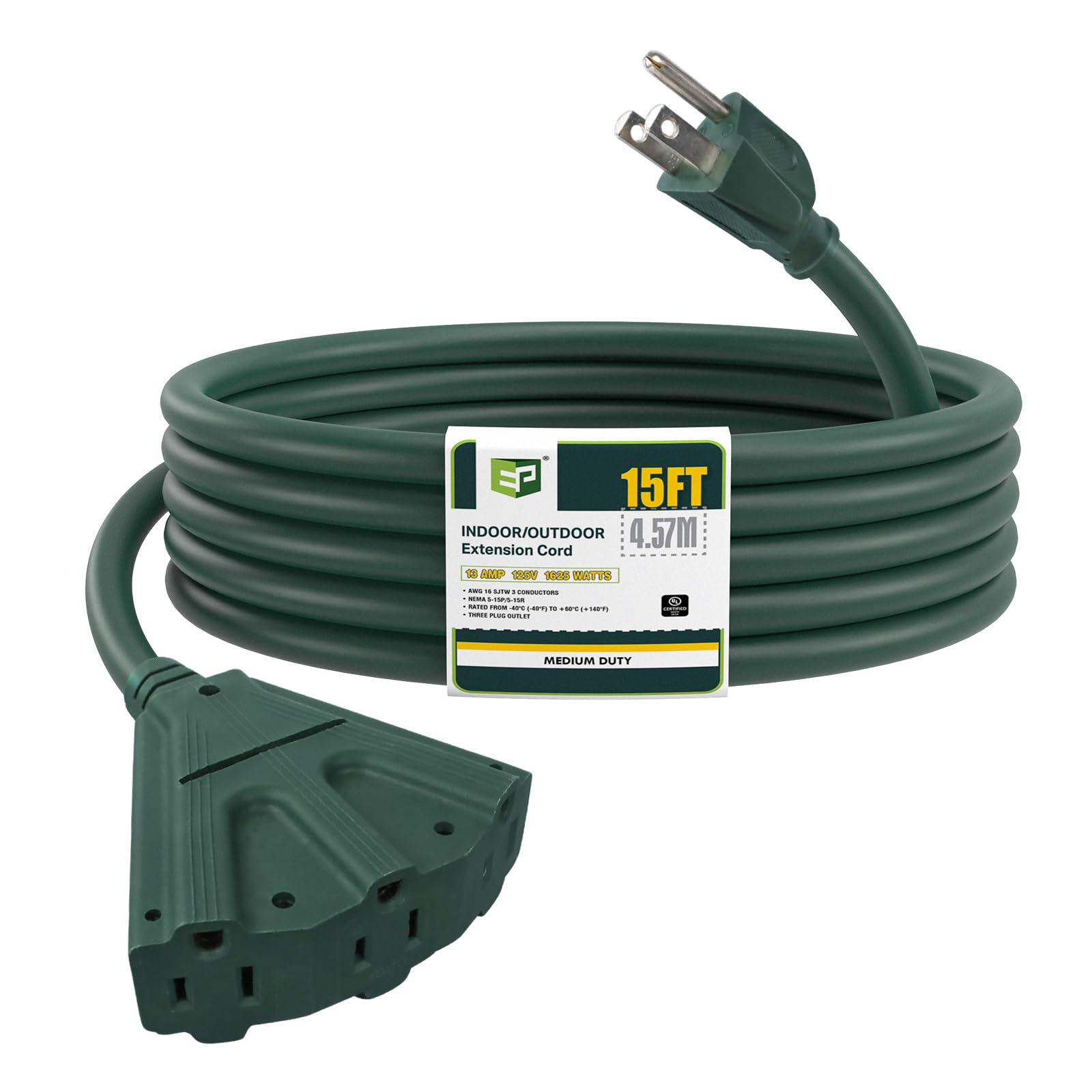 Ep 15 Ft Outdoor Extension Cord With 3 Electrical Power Outlets   16/3 Sjtw Green Cable With 3 Prong Grounded Plug For Safety Gr
