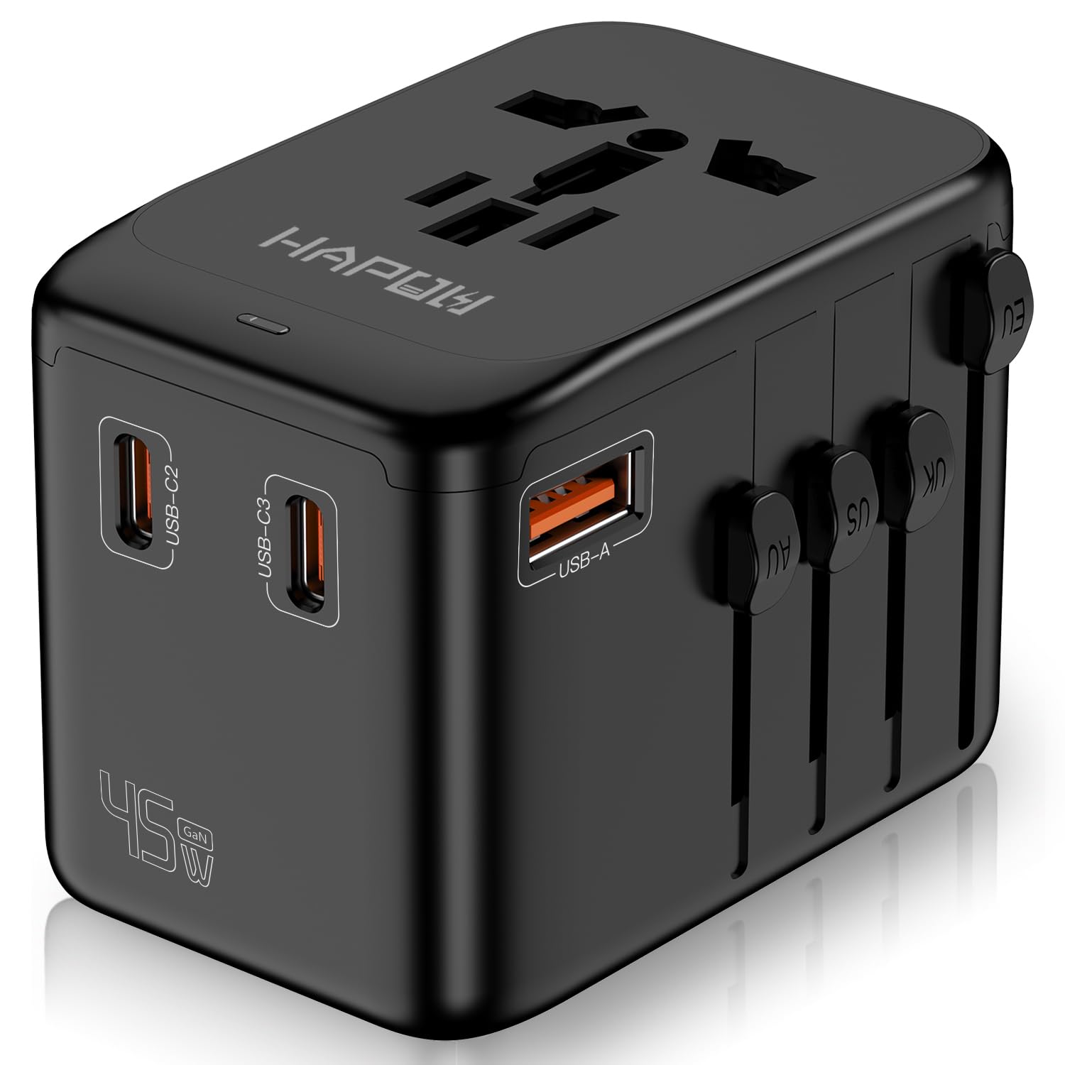 Hapow Universal Travel Adapter, Gan 45W International Power Adapter, 3 Usb C & 1 Usb A Fast Charging Travel Charger, All In One