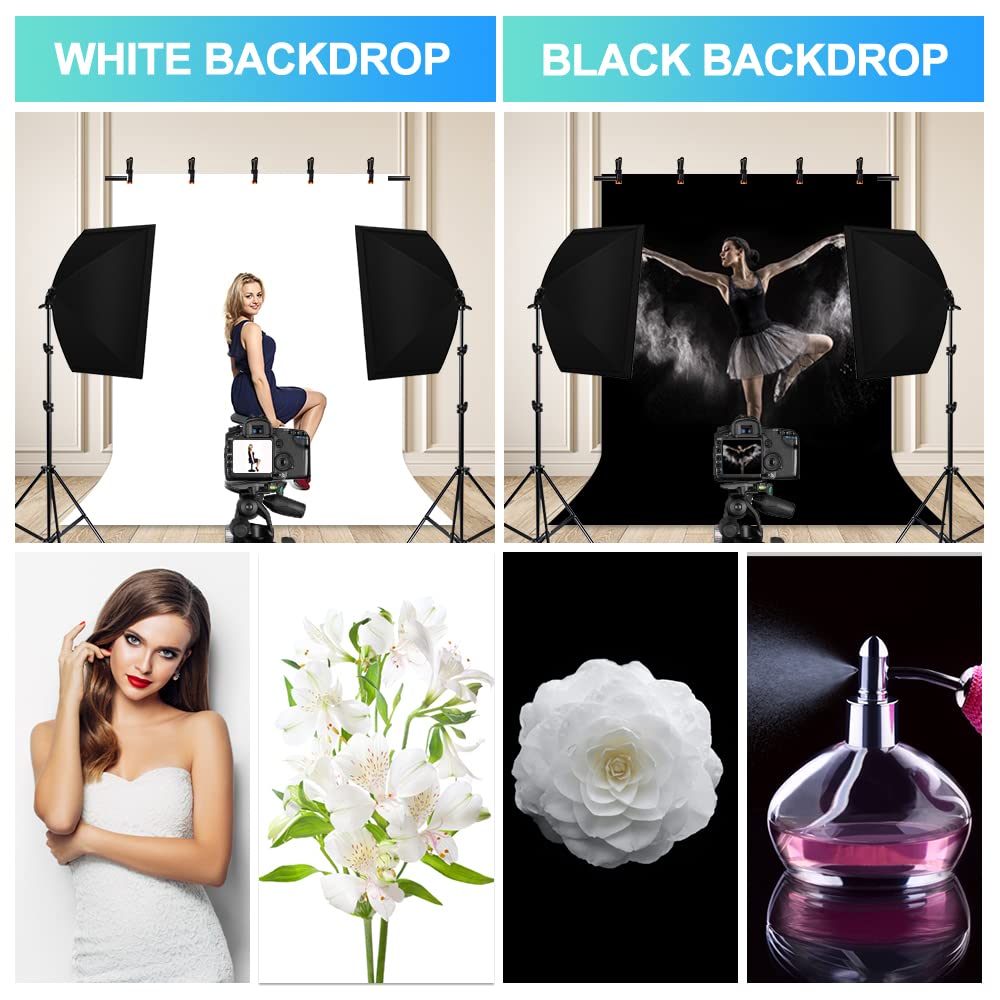 Jebutu 5X6.5Ft Black White Backdrop With Stand Kit For Photo Shoot, Black White Photo Backdrop Background With Portable T Shape