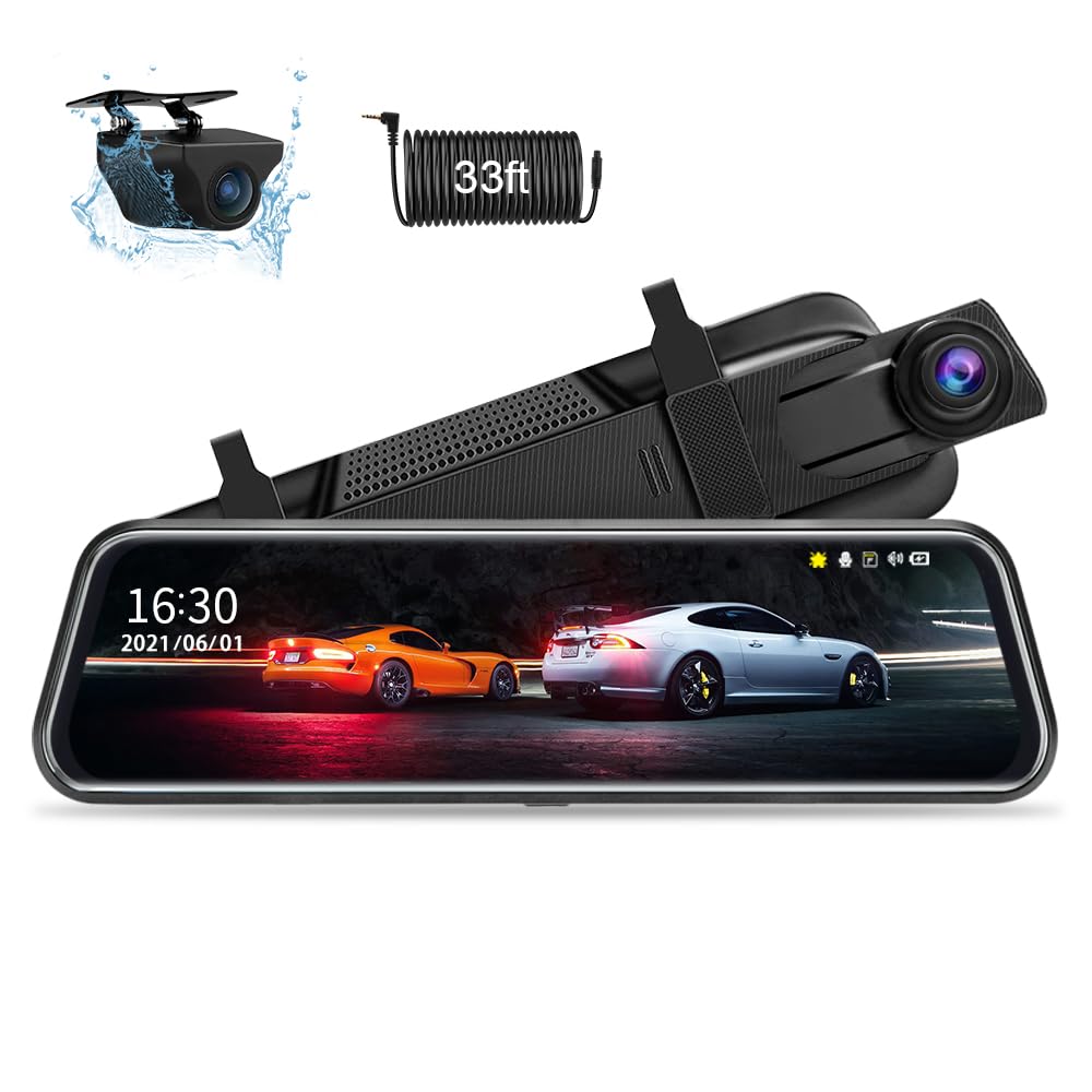 Upgraded 10 Rear View Mirror Camera Mirror Dash Cam Front and Rear 1080P Backup Camera Full Touch Screen w Loop Recording, G-S