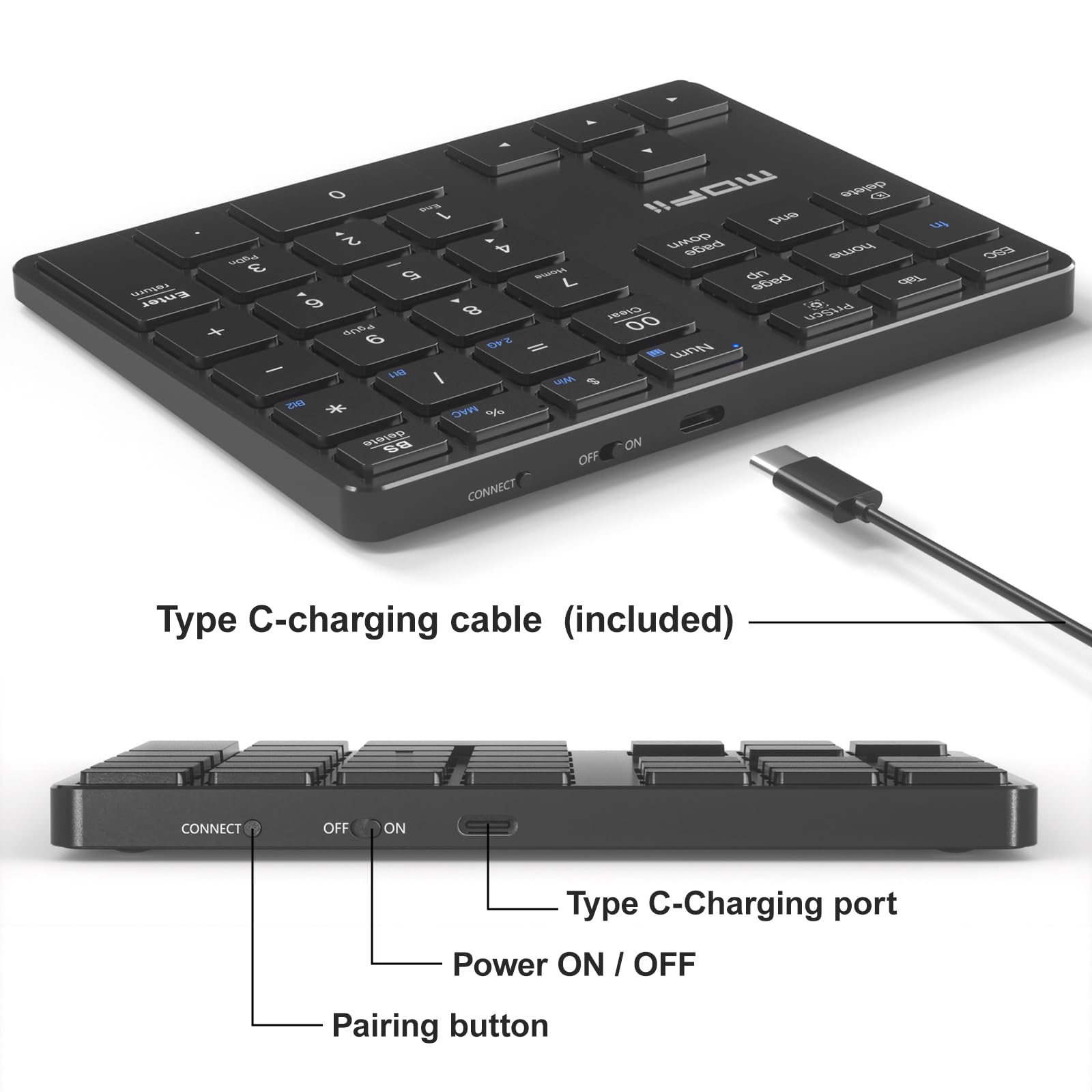 Mofii Bluetooth Number Pad For Laptop   Black Wireless Numeric Keypad 35 Keys Usb C Rechargeable Numpad, Accounting Portable Fin