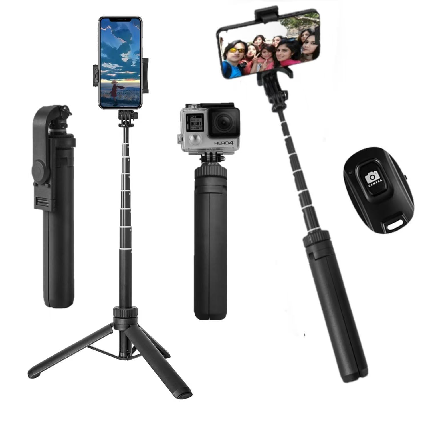 Tripod for iPhone & Camera, Portable Phone Tripod with Remote Control and Rotate Phone Stand, Selfie Stick for iPhone/Gopro and 