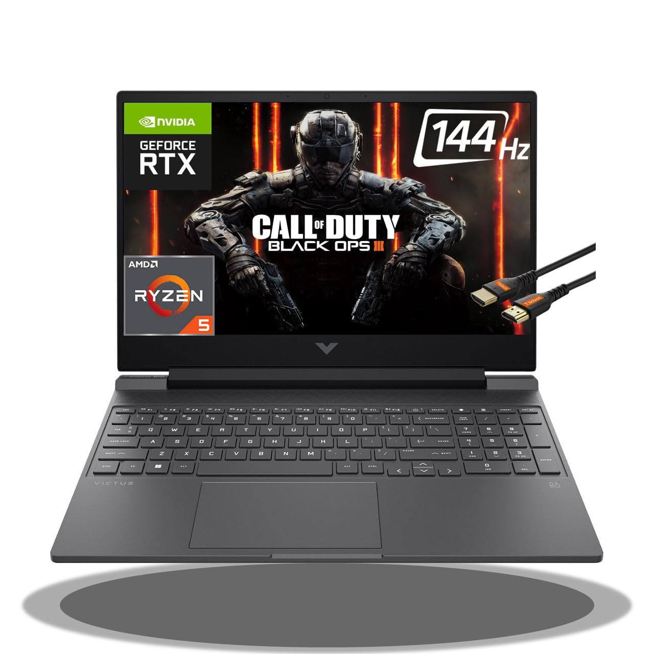 HP Victus 15 Gaming Laptop 15.6' FHD IPS 144Hz AMD 7000 Ryzen 5 7535HS (Beats i7 11800H) GeForce RTX 2050 4GB Graphic Backlit USB C B&O Win11 Black + HDMI Cable (32GB RAM | 1TB SSD)