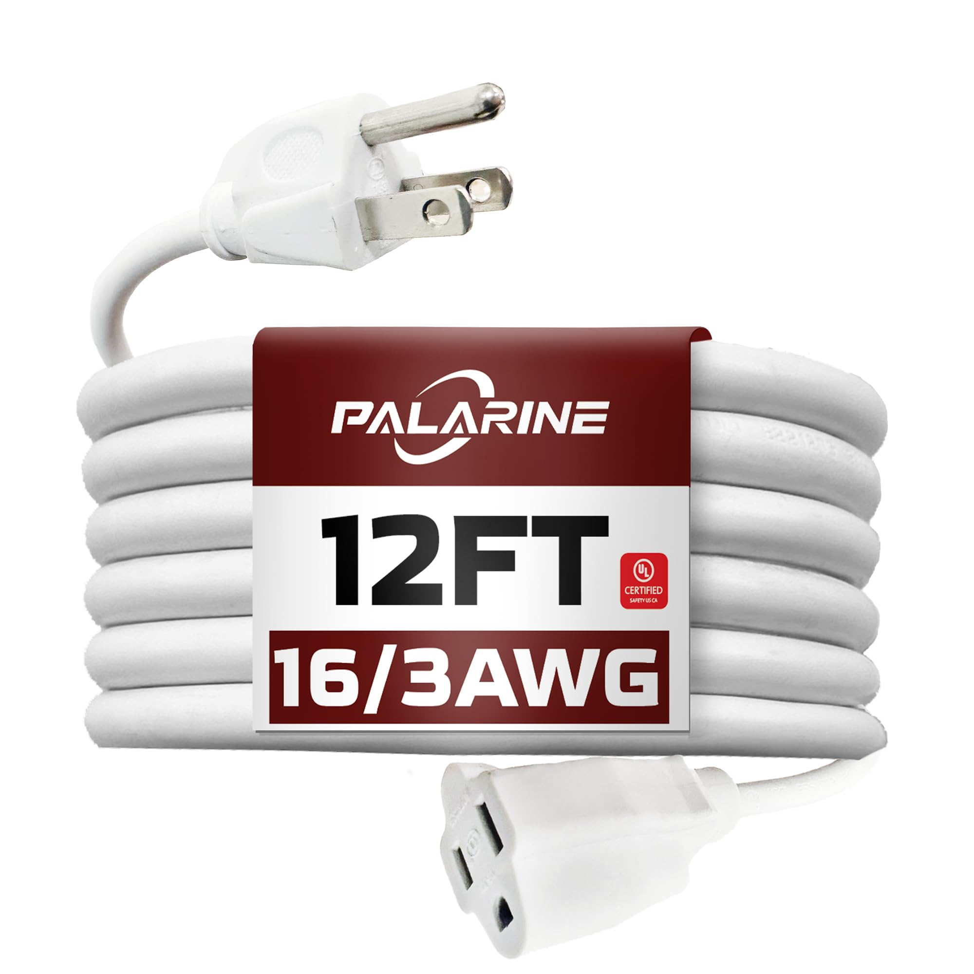 Palarine 12Ft White Outdoor Extension Cord Waterproof, Ul Listed, 16/3 Sjtw Heavy Duty 3 Prong, 16 Gauge 13A Power Cord Ideal Fo