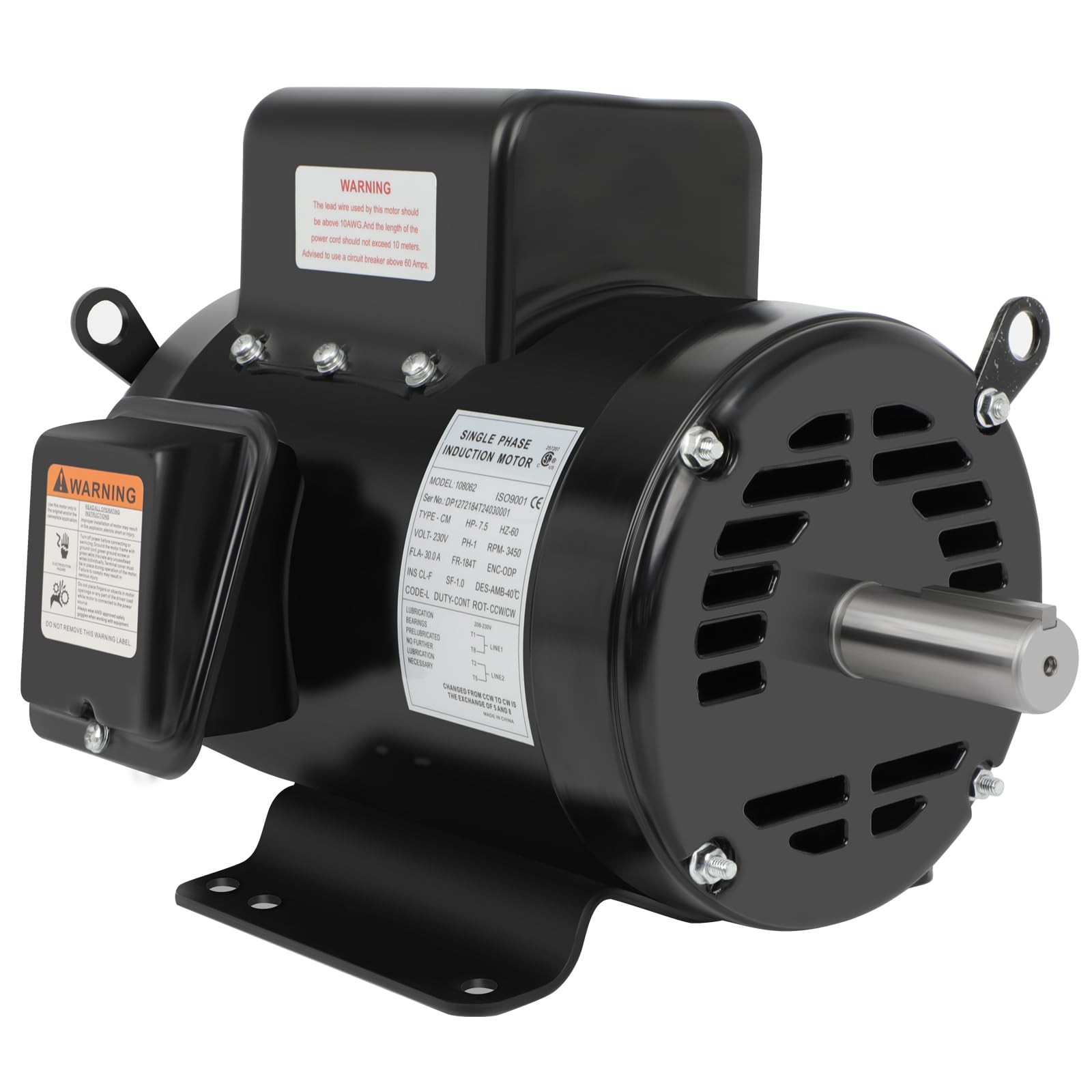 Air Compressor Motor, 7.5 HP Single Phase Electric Motor 184T, AC 3450RPM Motor, 208V-230V 2Pole 1-1/8 Shaft Diameter CW/CCW ODP