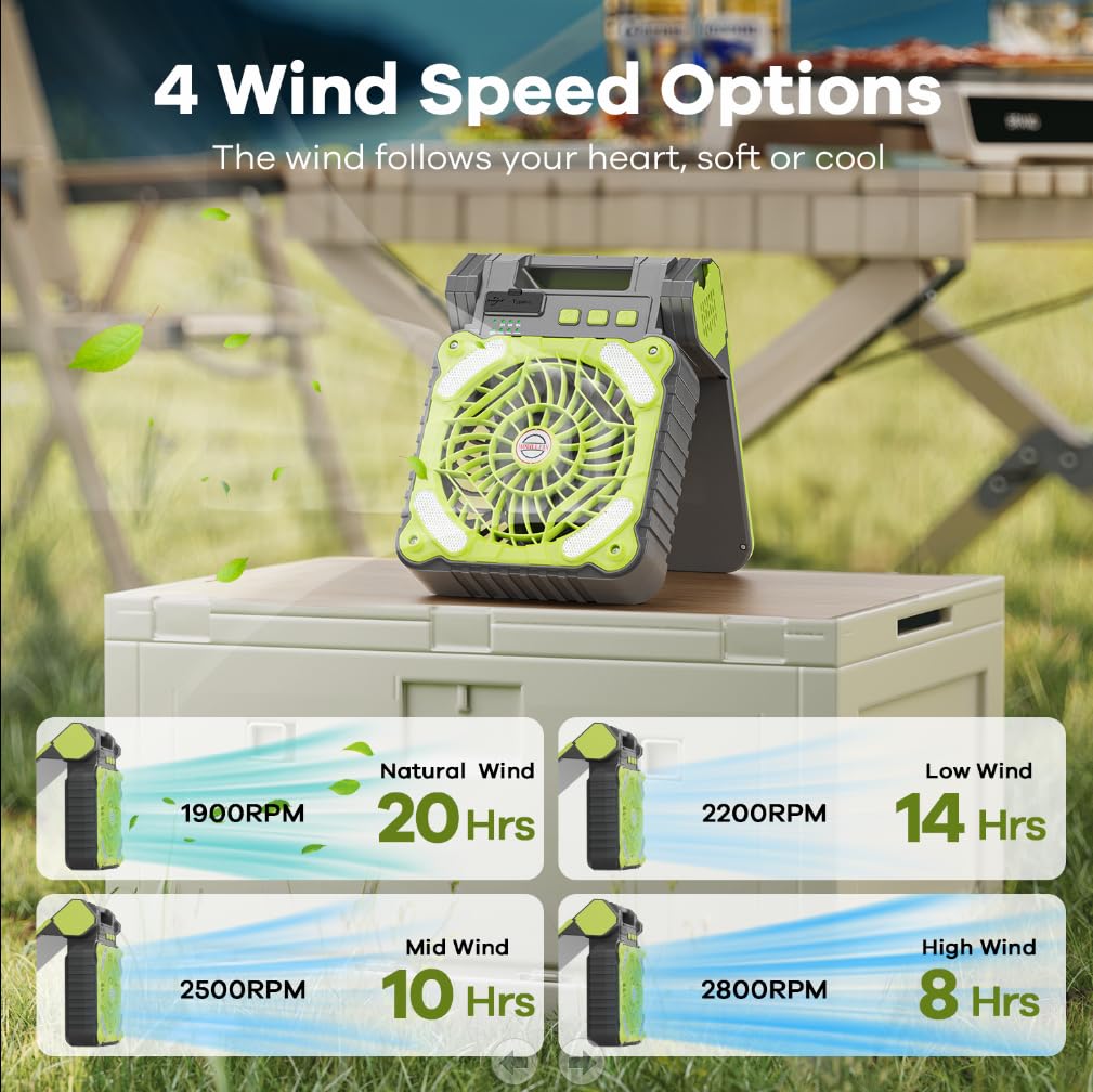 Dowilldo Solar Powered Fan For Camping, 10400Mah Rechargeable Battery Operated Portable Fan With Led Lantern, 4 Speeds Powerful