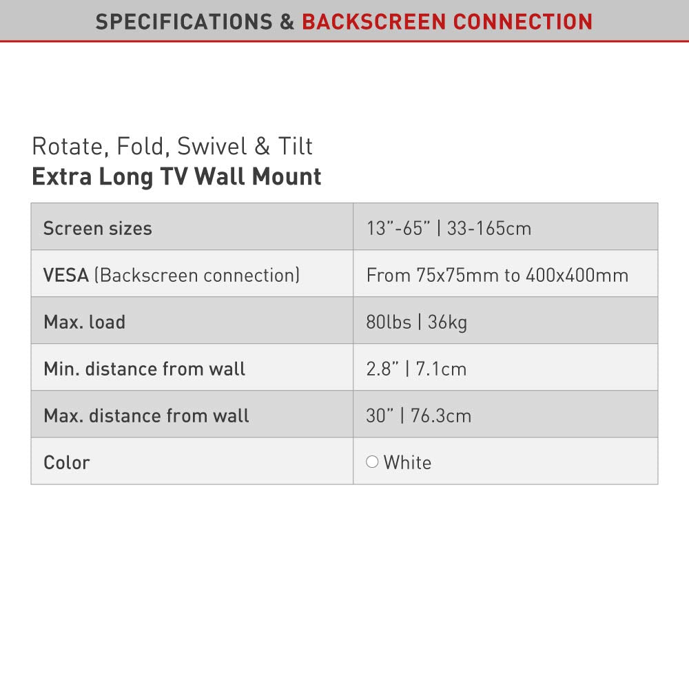 Barkan Long White Tv Wall Mount, 13 65 Inch Full Motion Articulating   4 Movement Flat/Curved Screen Bracket, Holds Up To 79Lbs,