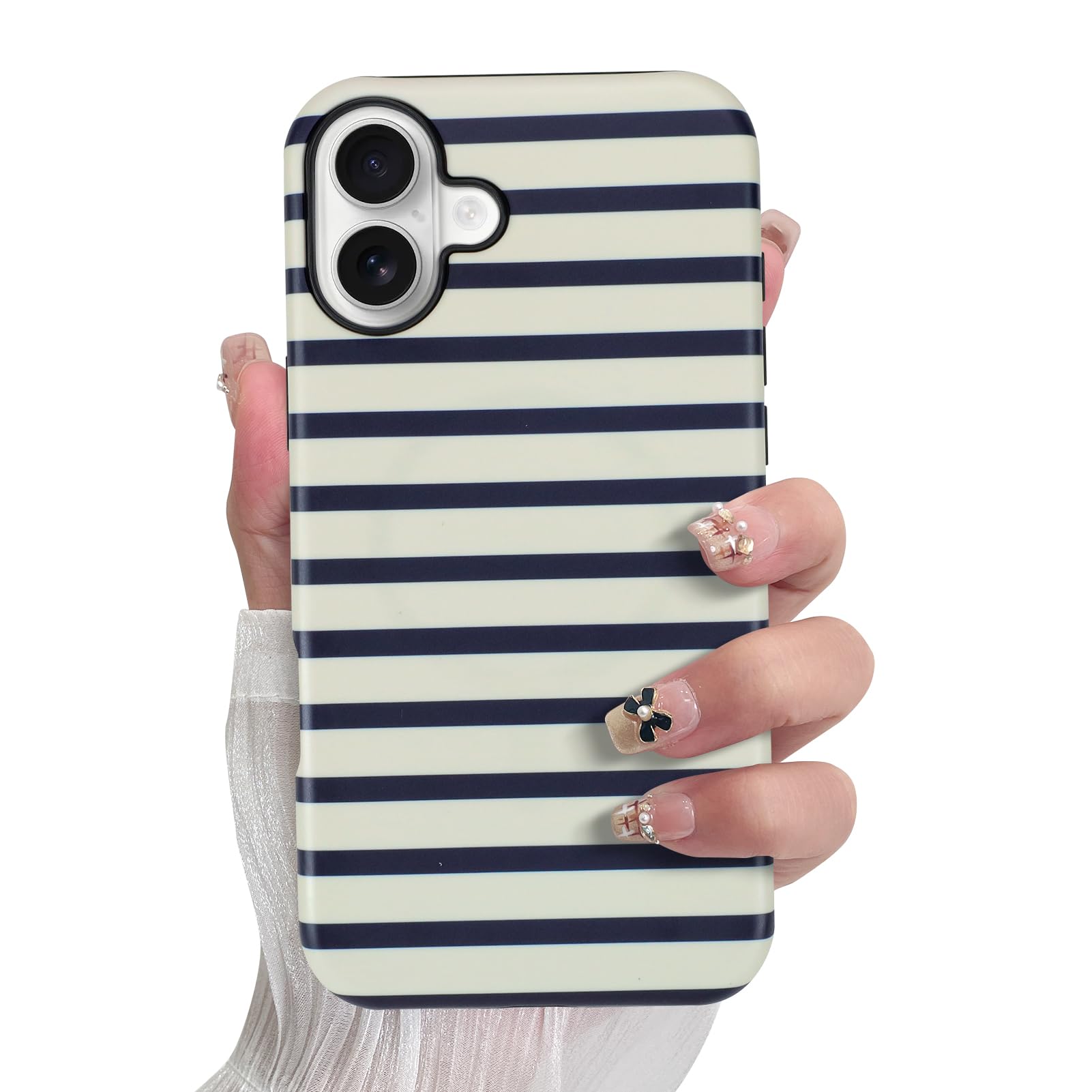 SOKAD Magnetic Horizontal Stripes Phone Case for iPhone 16 Plus, Cute Navy Blue Striped Line Pattern Compatible with Magsafe Mat