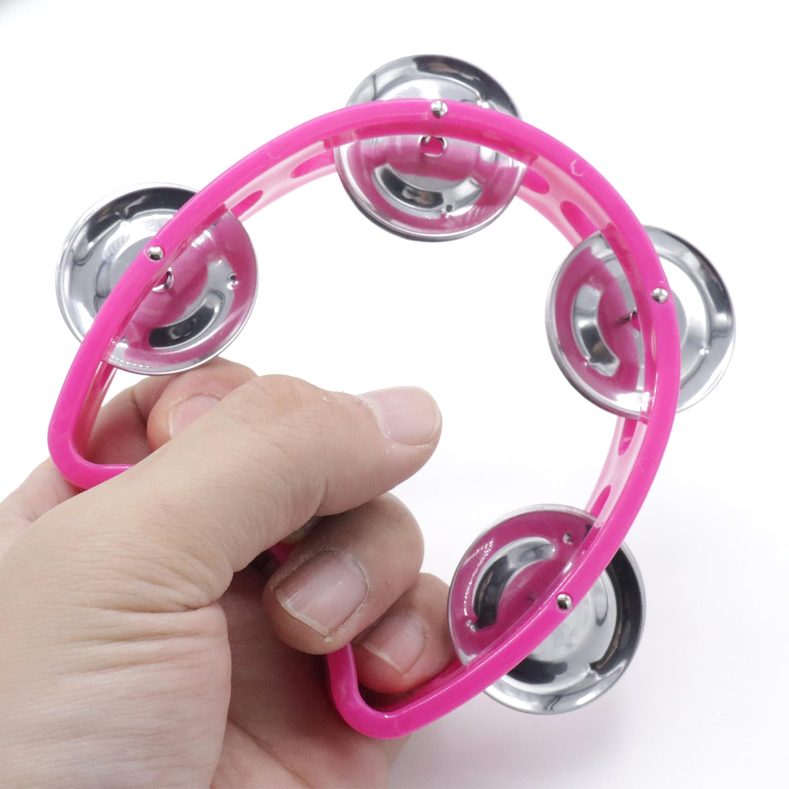 Cheerock Pack Of 2 Plastic Percussion Handheld Tambourines With 4 Jingle Bells, Pink Mini Hand Bell Percussion, Musical Rhythm I