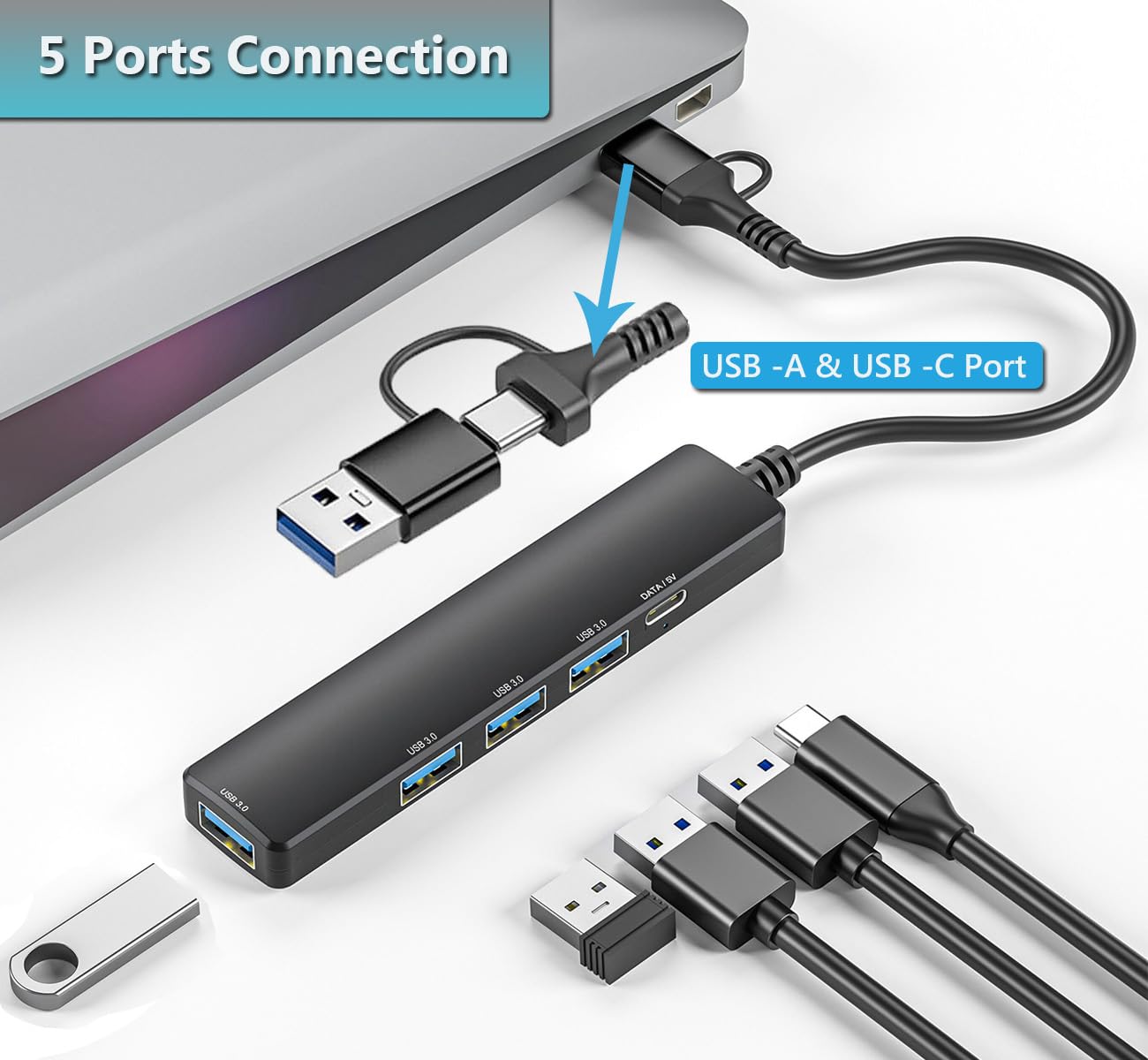 Usb 3.0 Hub With Usb C Data Port, 2 In 1 Usb Hub 5 Ports, Portable Usb Splitter For Laptop, Usb C Extender For Macbook Pro, Imac