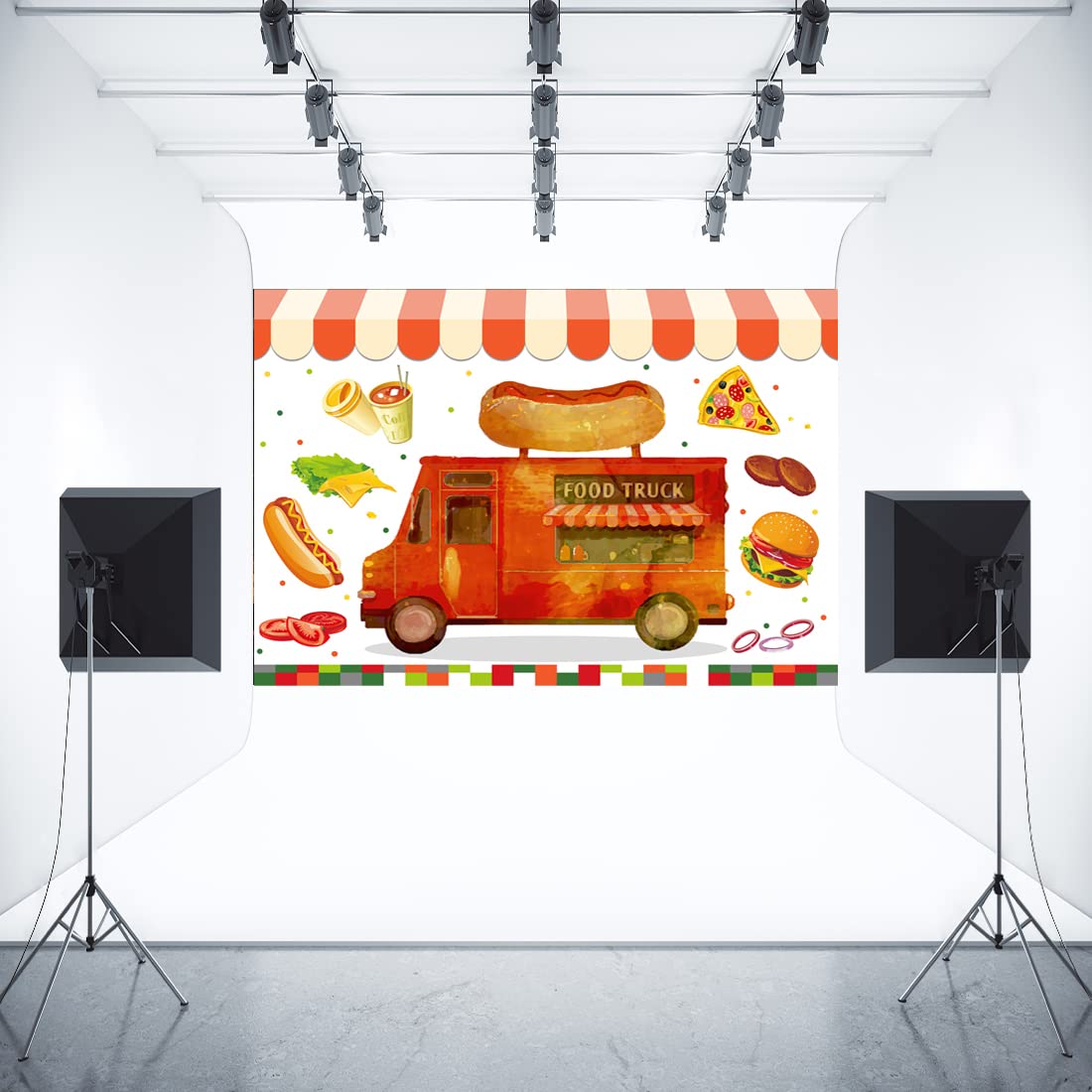 Aperturee Food Truck Backdrop 7X5Ft Hot Dog Pizza Hamburger Coffee Truck Shop Photography Background Birthday Baby Girl Kids Bab