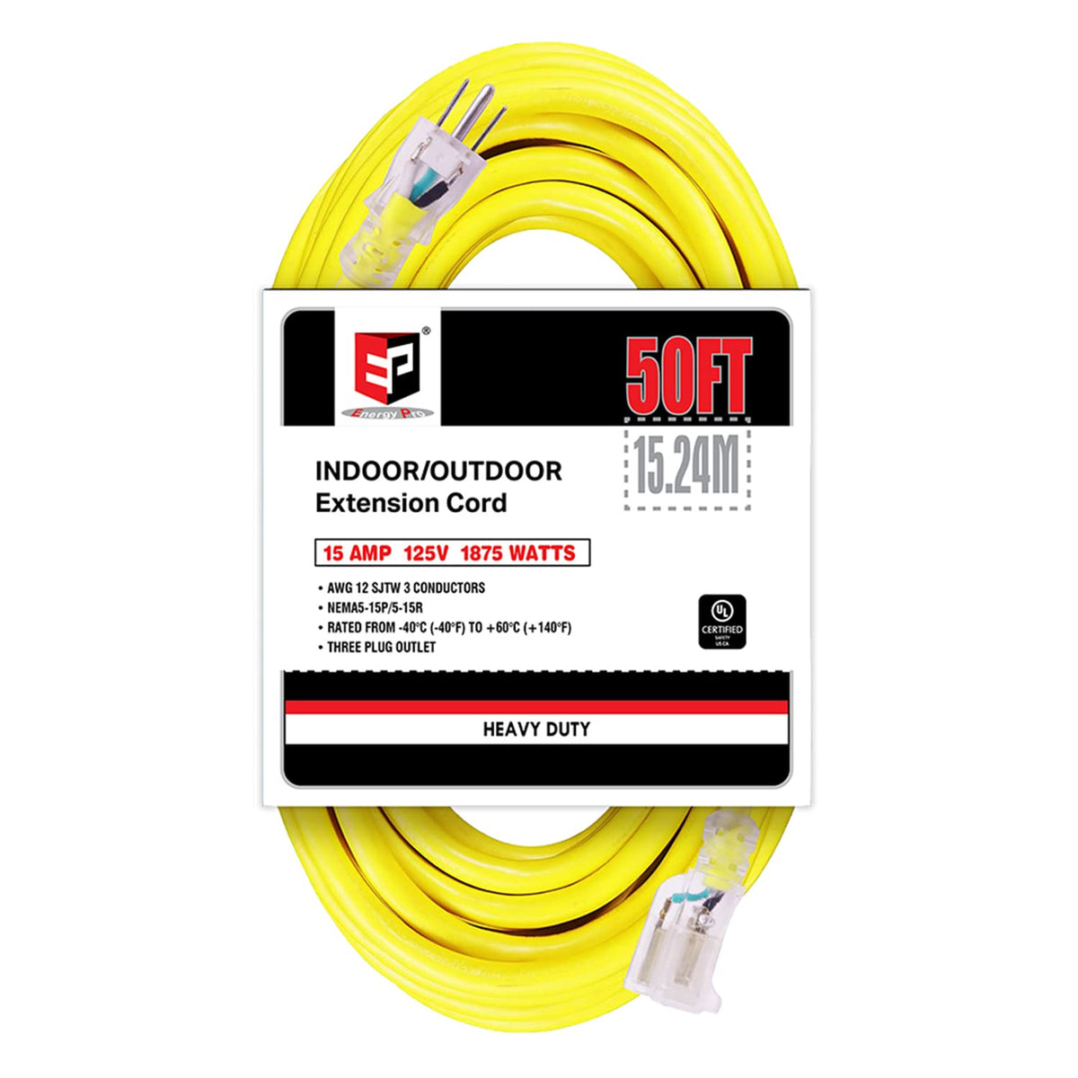 Ep 50 Ft Lighted Outdoor Extension Cord   12/3 Sjtw Heavy Duty Yellow Extension Cable With 3 Prong Grounded Plug   Power Cord Fo