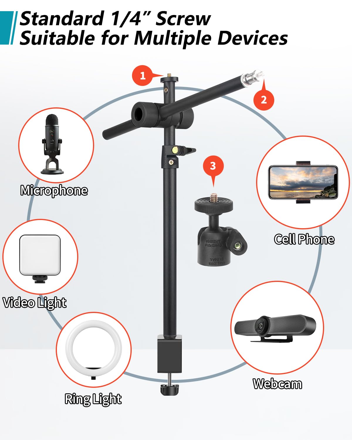 Jebutu Overhead Camera Mount Desk Stand With 360Adjustable Holding Arm, Camera Mount Boom Arm Stand, Webcam Desk Mount With Magi