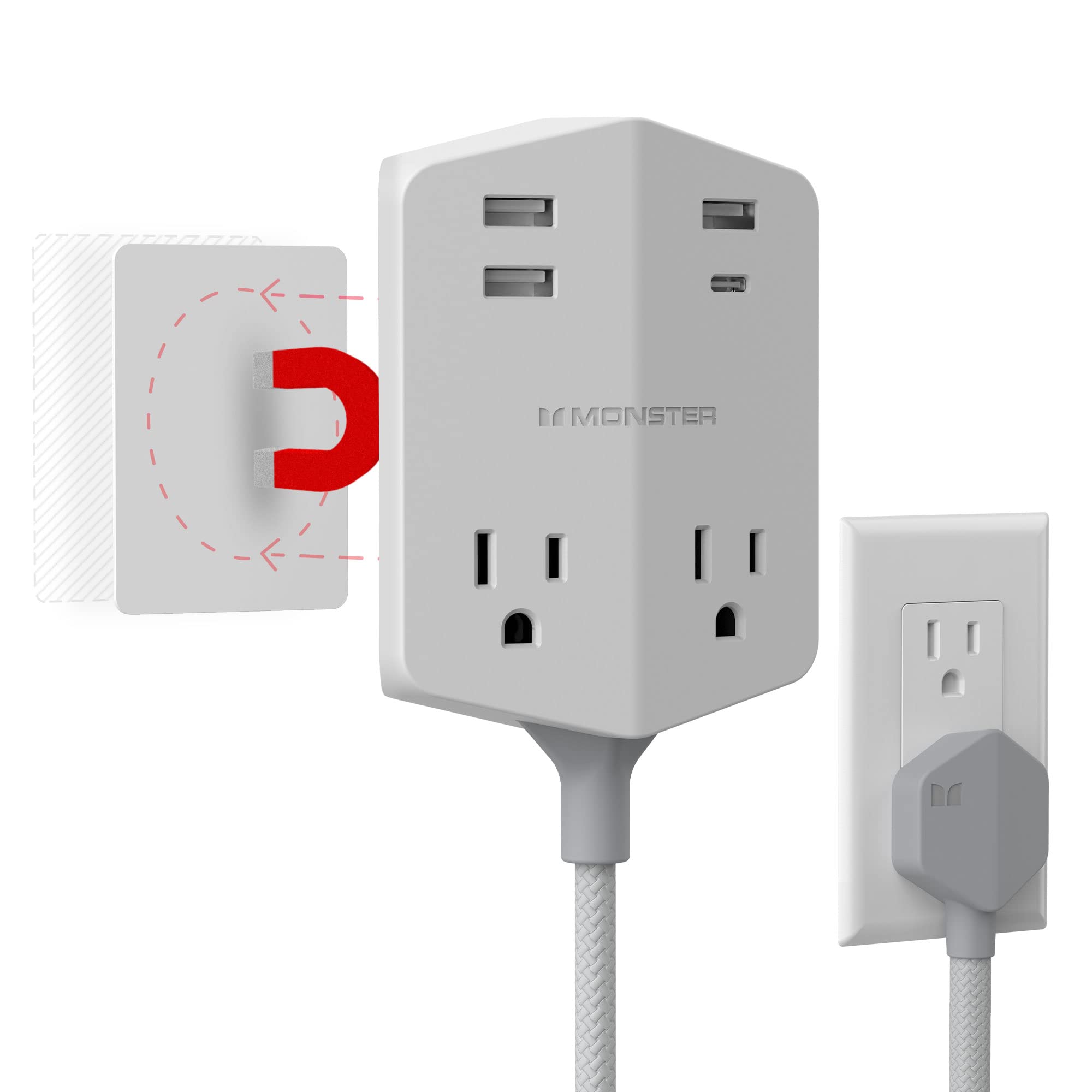 Monster Power Shield XL Surge Protector with Outlet Extender, Multiple Plug Outlet with 4 AC Outlets and 2 USBA Ports, Reliable