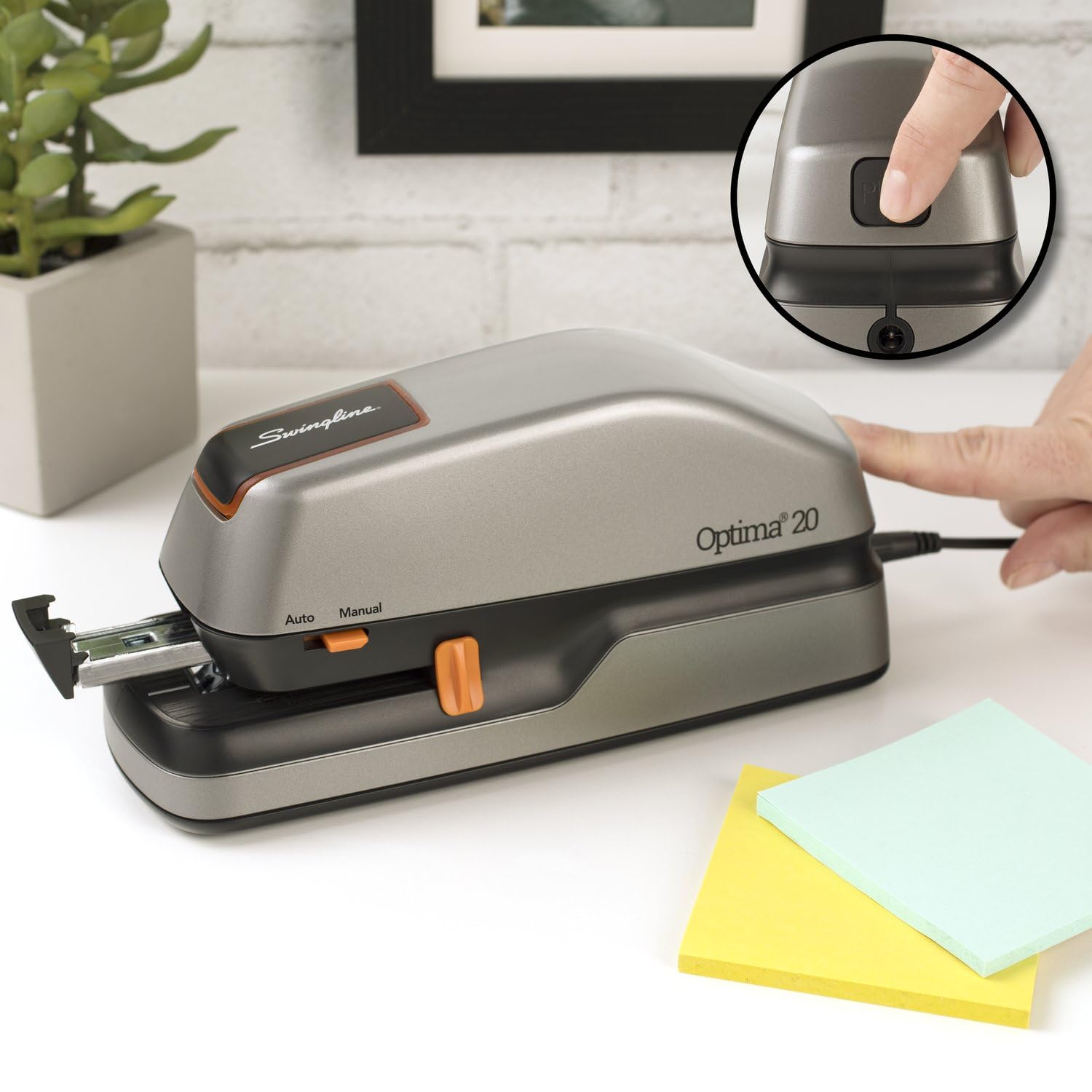Swingline Electric Stapler, 20 Sheet Capacity, Optima 20, Jam Free, Auto Or Manual, Plug In Or Battery, Silver (48208)