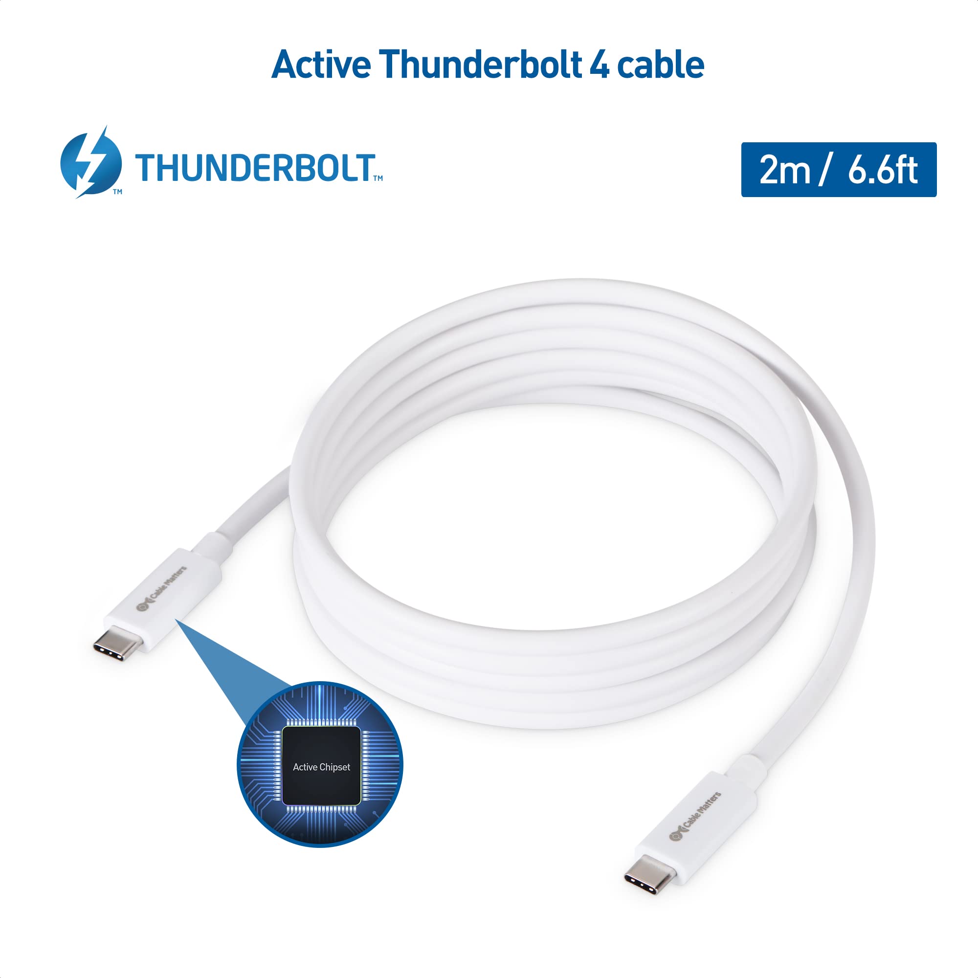 Cable Matters [Intel Certified] 40Gbps Active Thunderbolt 4 Cable 6.6 ft with 100W Charging and 8K Video in White   Fully Compatible with USB C/USB C, USB 4 / USB4, and Thunderbolt 3
