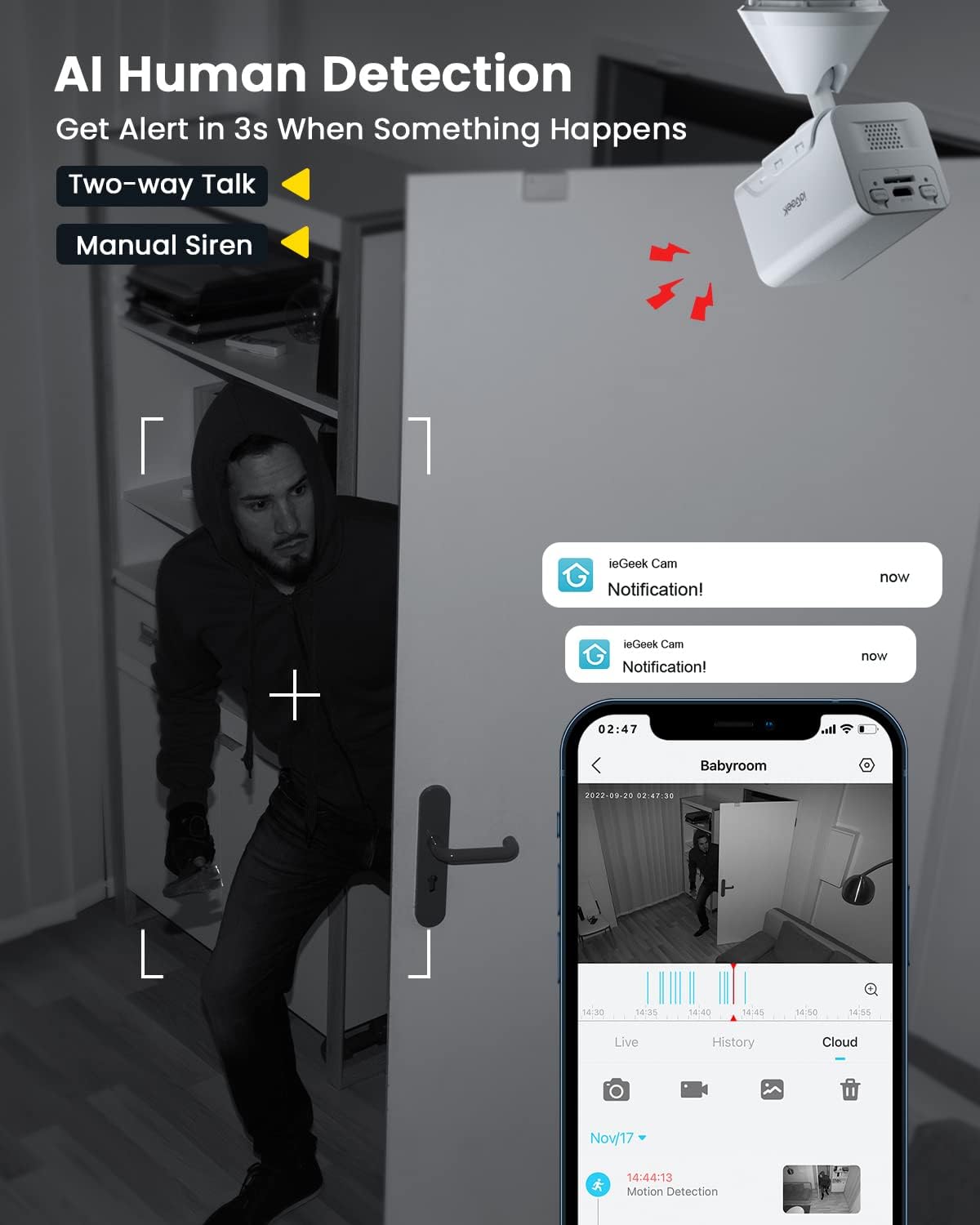 Iegeek Security Camera Indoor Wireless 1080P Wire Free Portable Indoor Camera For Home Security With Human Detection,Two Way Aud