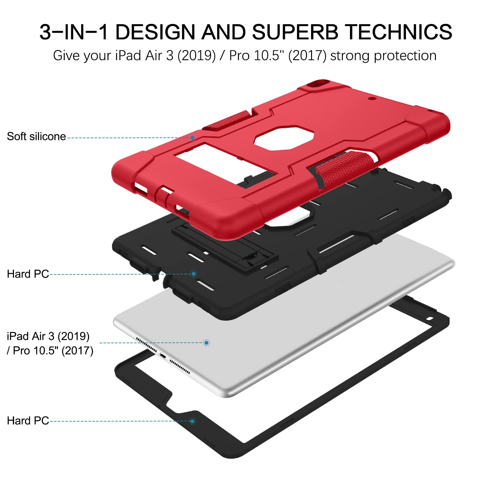 Bentoben For Ipad Air 3Rd Generation Case, Ipad Pro 10.5'' 2017 Case, 3 Layers Heavy Duty Rugged Shockproof Kickstand Protective