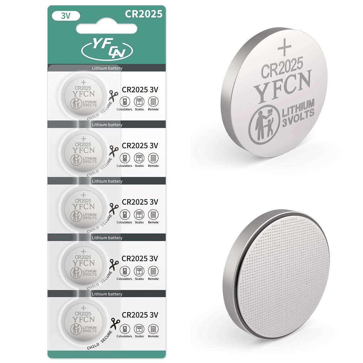 YFCN CR2025 Battery 3V Lithium Battery 5 Count Pack CR2025 Batteries for Key Fobs, Remote Control, lED Candles, Thermometers - C