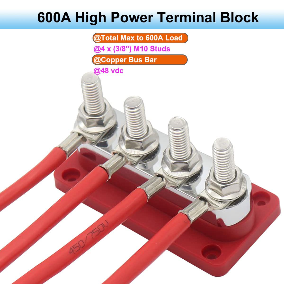 Sturdy Copper Busbar 12V 600A Power Distribution Block 4 X 3/8'' Studs Positive Terminals 48V Dc Battery Bus Bar With Nickel Pla