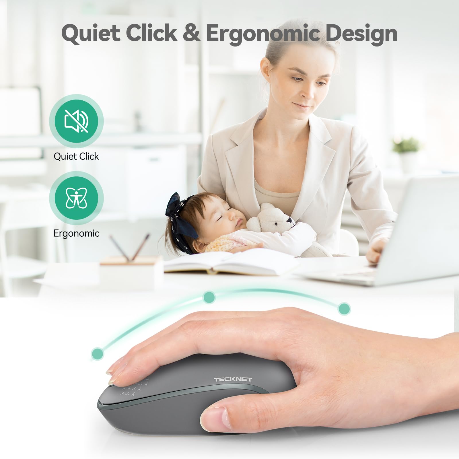 Tecknet Wireless Mouse, 2.4G Quiet Computer Mouse With Usb Receiver, 4 Buttons Portable Cordless Mice For Chromebook, Laptop, Pc, Mac, 800/1200/1600 Dpi   Grey