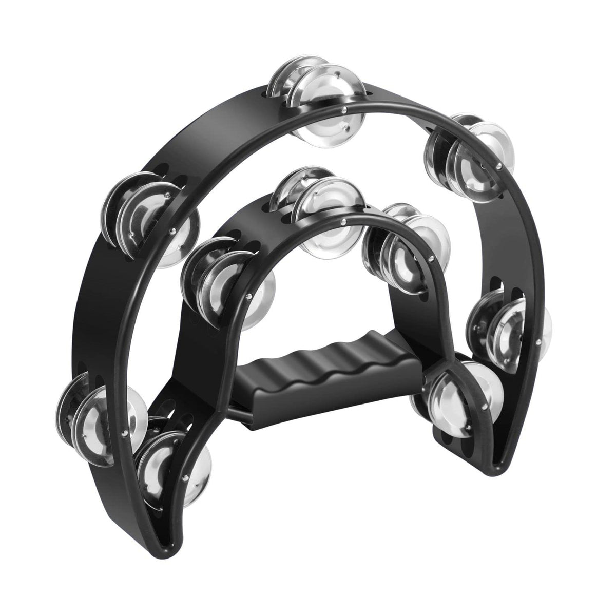 Flexzion Tambourine Metal Half Moon Musical Instruments Double Row Metal Jingles Hand Held Instruments Percussion With Ergonomic Handle Grip, Tambourines For Adults Church, Black