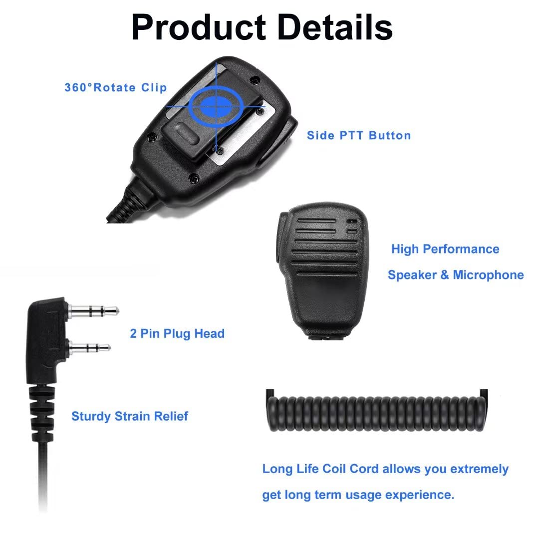 Samcom Walkie Talkie Speaker Mic, 2 Pin K Type Handheld Two Way Radios Shoulder Lapel Mic Microphone With Rainforced Cable,1 Pack