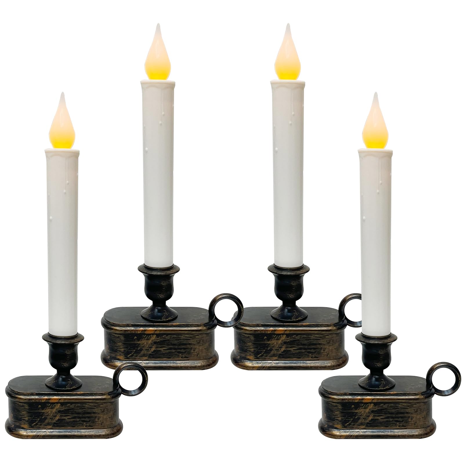 Set Of 4 Battery Operated Led Window Candles, Dusk To Dawn Light Sensor, Flicker Flame Bronze Base, 10 Inch Flameless Taper Cand
