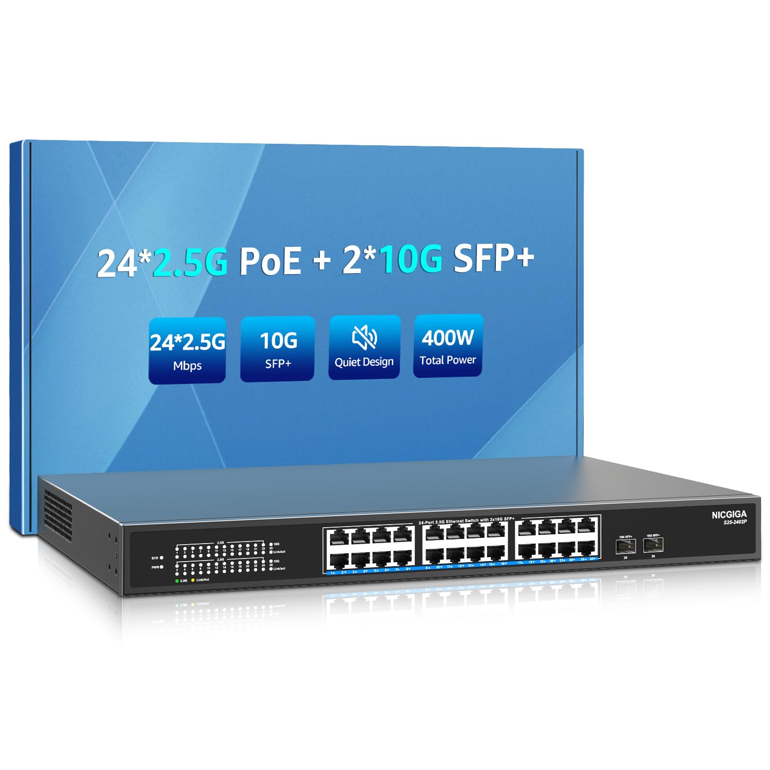 24 Port 2.5G Poe Switch Unmanaged With 24 Port 2.5Gb Base T Poe+@400W + 2 X 10G Sfp+ Uplink, Nicgiga 26 Port 2.5Gbe Ieee802.3Af/