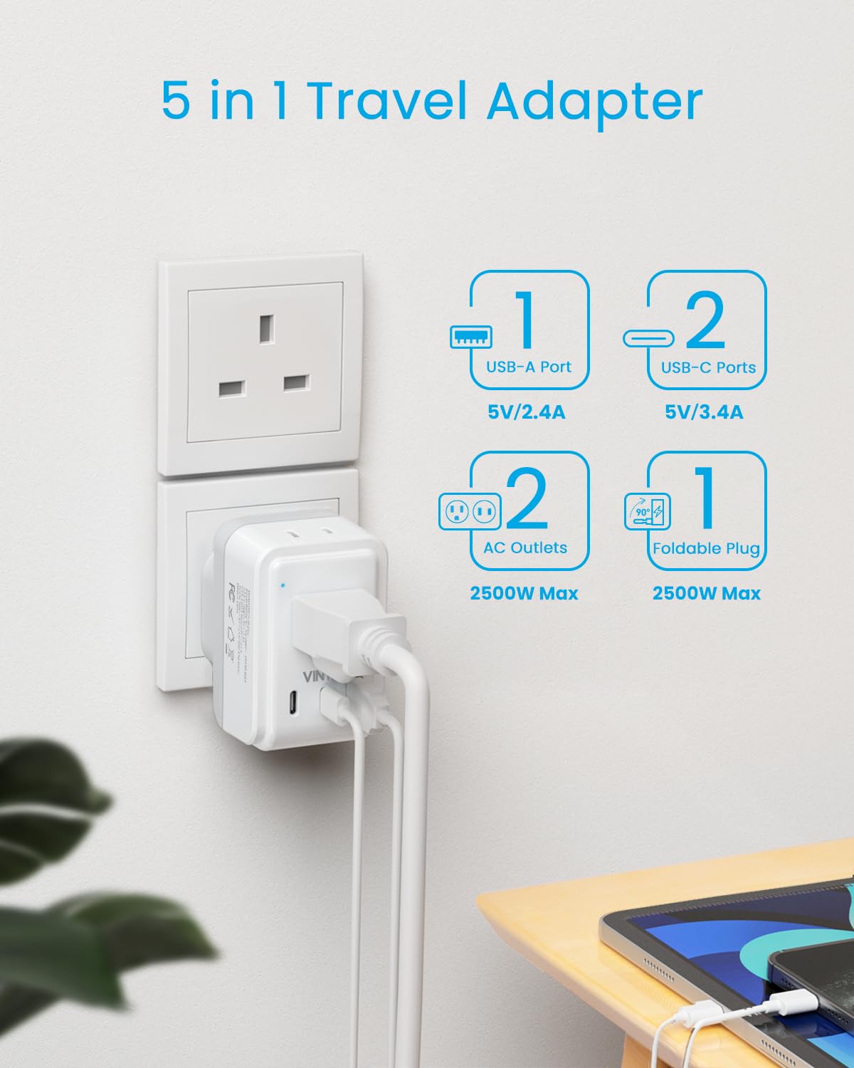 [3 Pack] Us To Uk Ireland Travel Plug Adapter, Vintar Foldable Type G Power Adapter With 2 Outlets And 3 Usb Ports(2 Usb C), 5 I