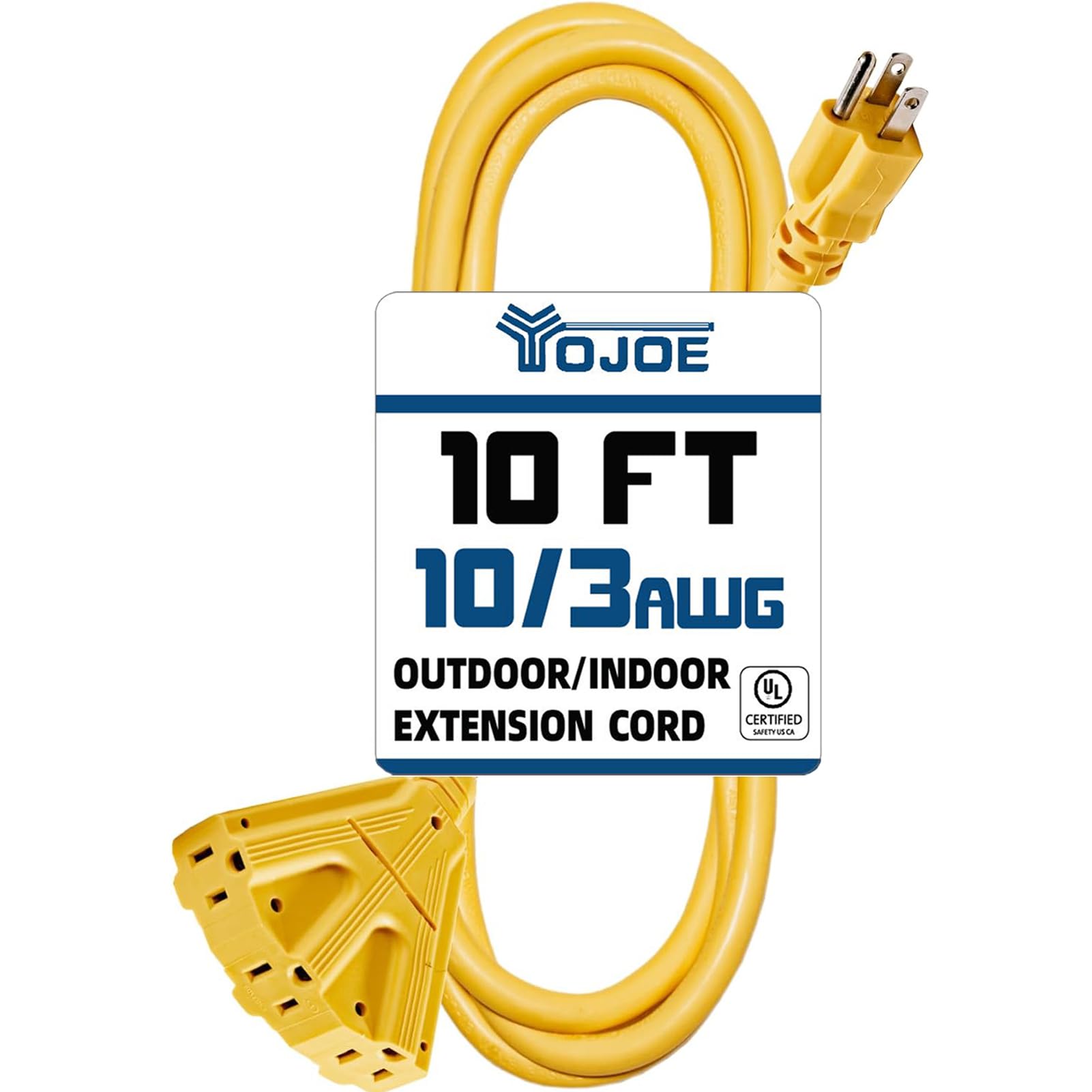 Yojoe 3 Outlets Indoor Outdoor Extension Cord, 10 Gauge Sjtw Heavy Duty 10 Ft Yellow, 15A Weatherproof Power Cord With 3 Prong G