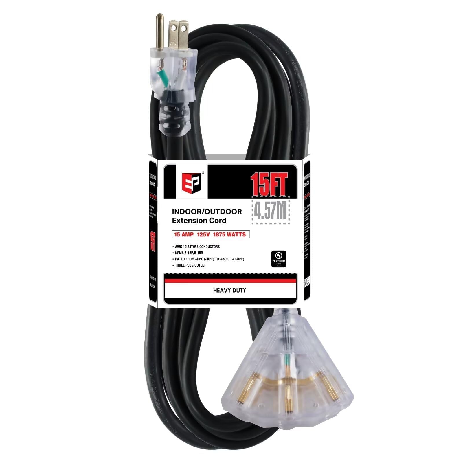 Ep 15 Ft 12 Gauge Heavy Duty Extension Cord, 15A 125V 1875W, 3 Outlet Indoor/Outdoor Power Cord With Lighted End, 12/3 Sjtw Weat